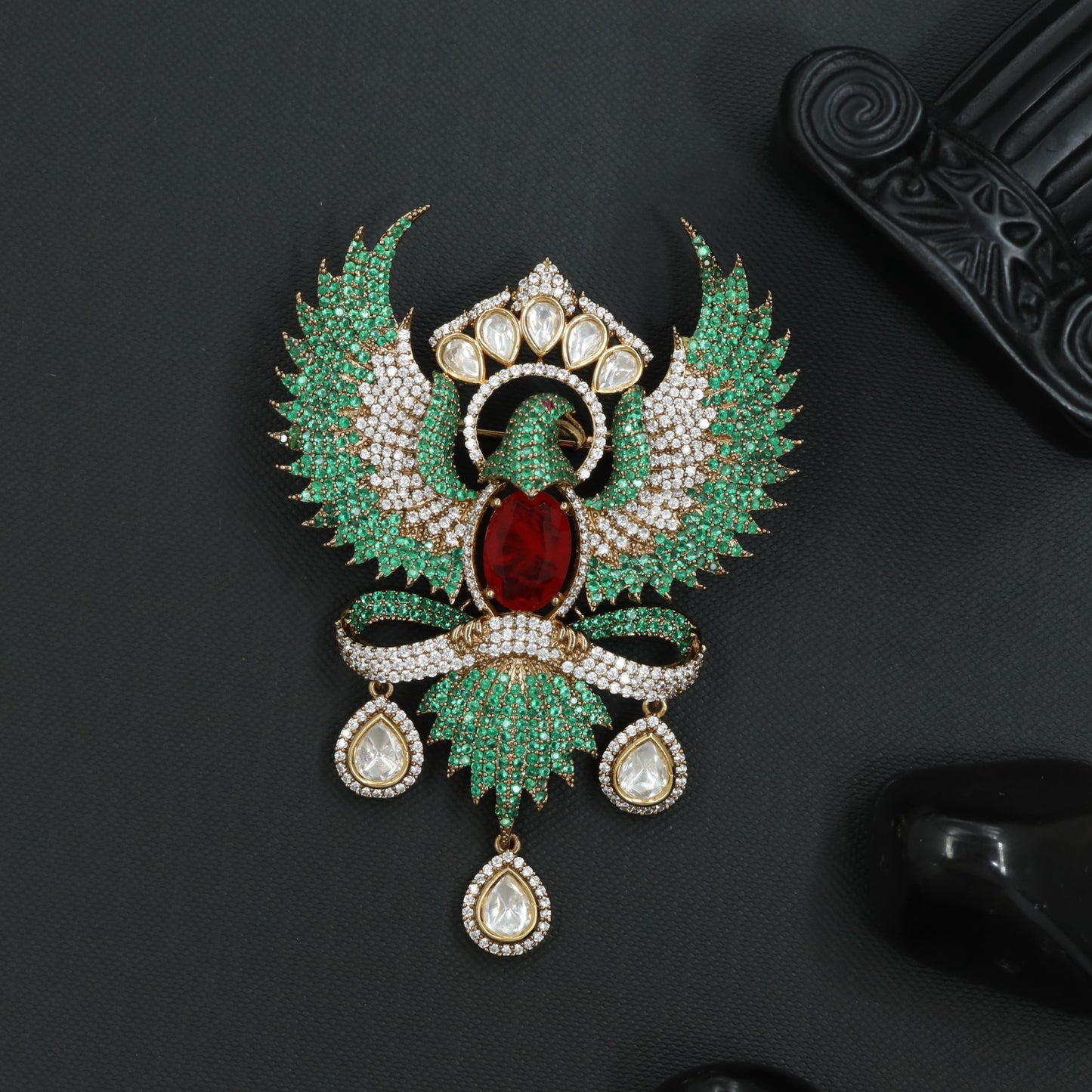 Grand Phoenix Victorian Brooch with Hanging Drop Accents