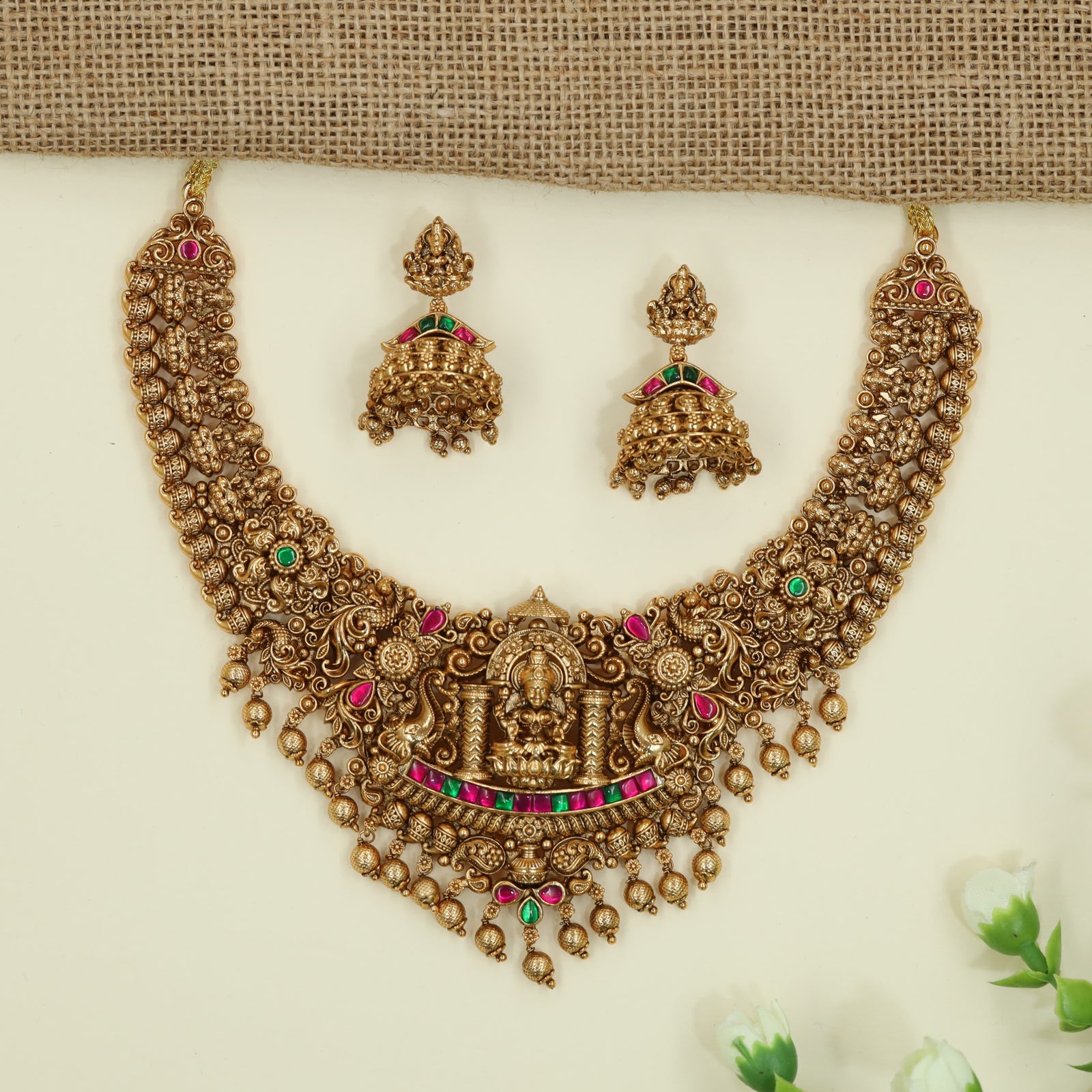 Royal Lakshmi Temple Antique Necklace with Grand Hanging Border Detailing