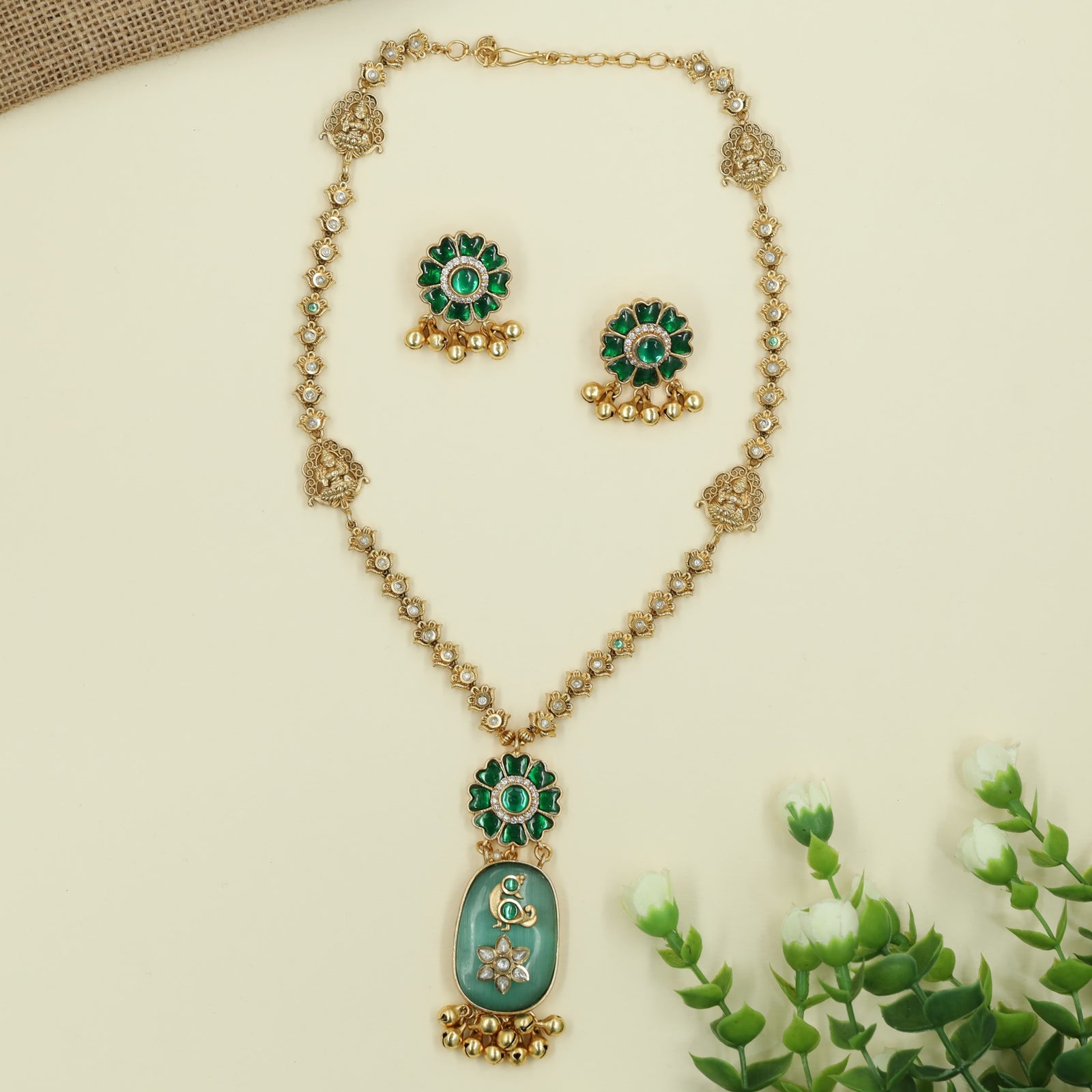 Royal Floral Kundan Chain With Pendant and Bell Drop Detailing