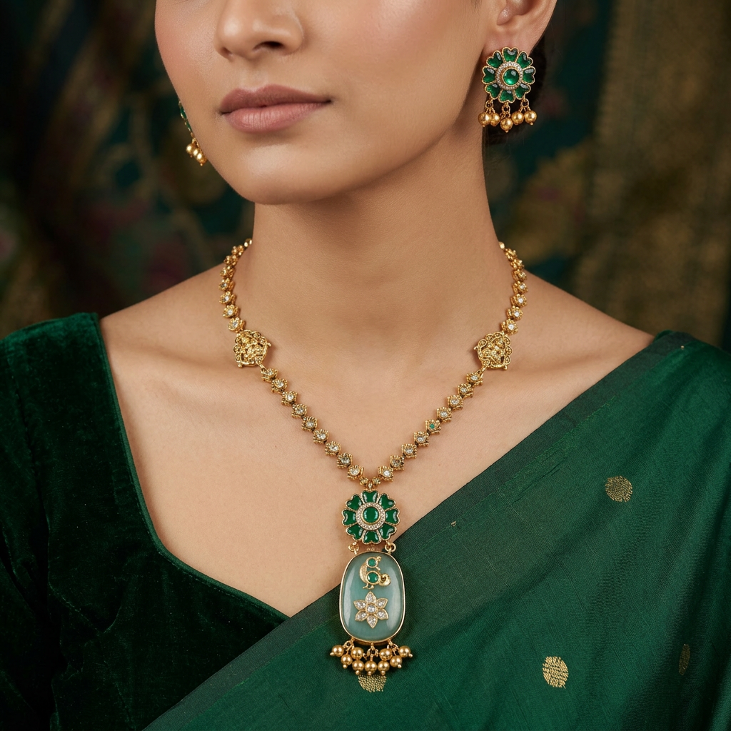 Royal Floral Kundan Chain With Pendant and Bell Drop Detailing