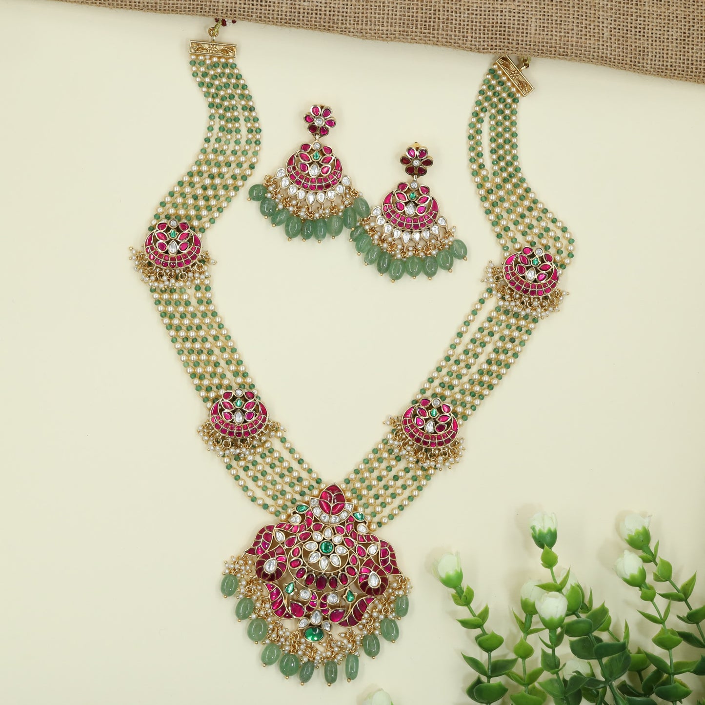 Heritage Multi Strand Jadau Beads Long Haara with Ornamental Floral Accents