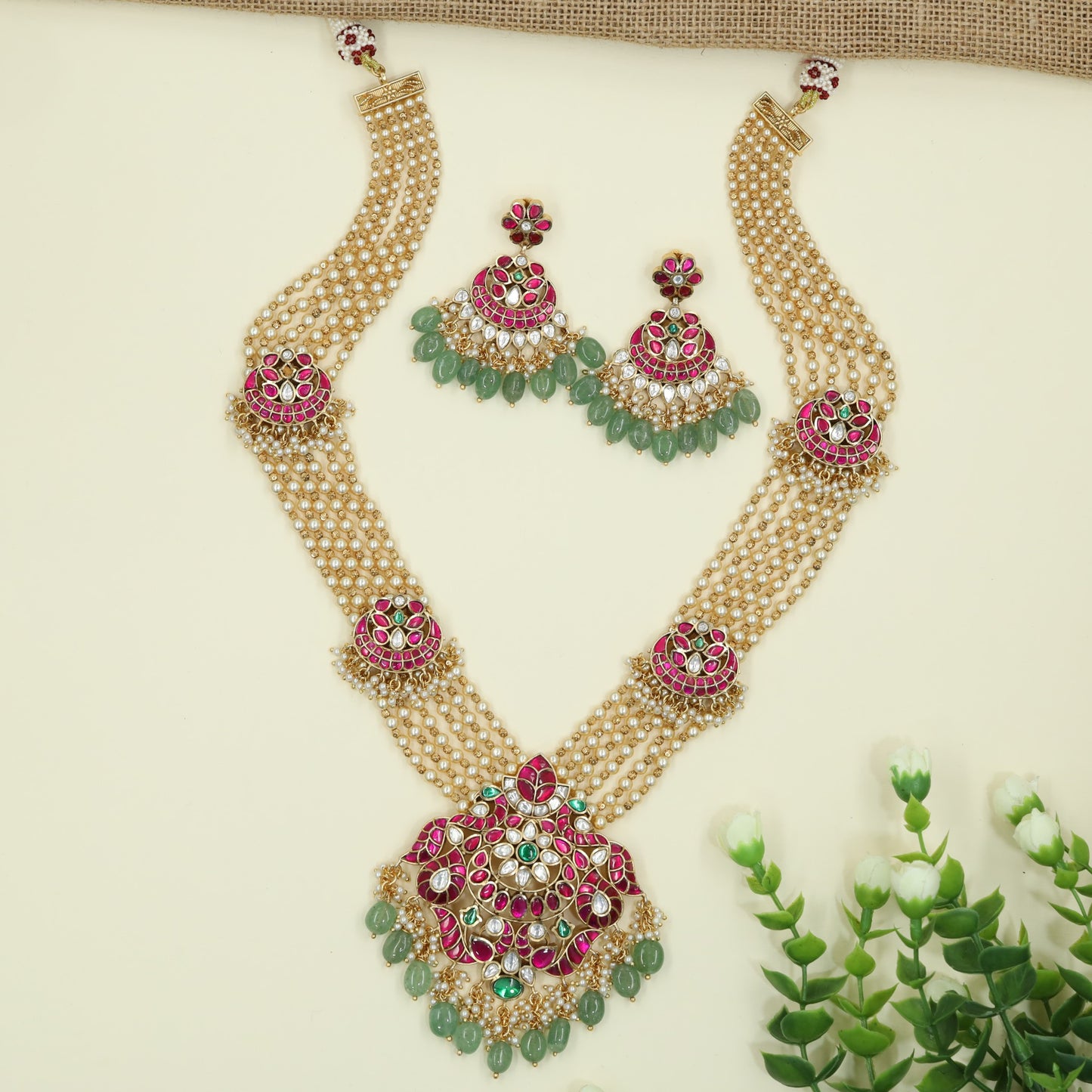 Heritage Multi Strand Jadau Beads Long Haara with Ornamental Floral Accents
