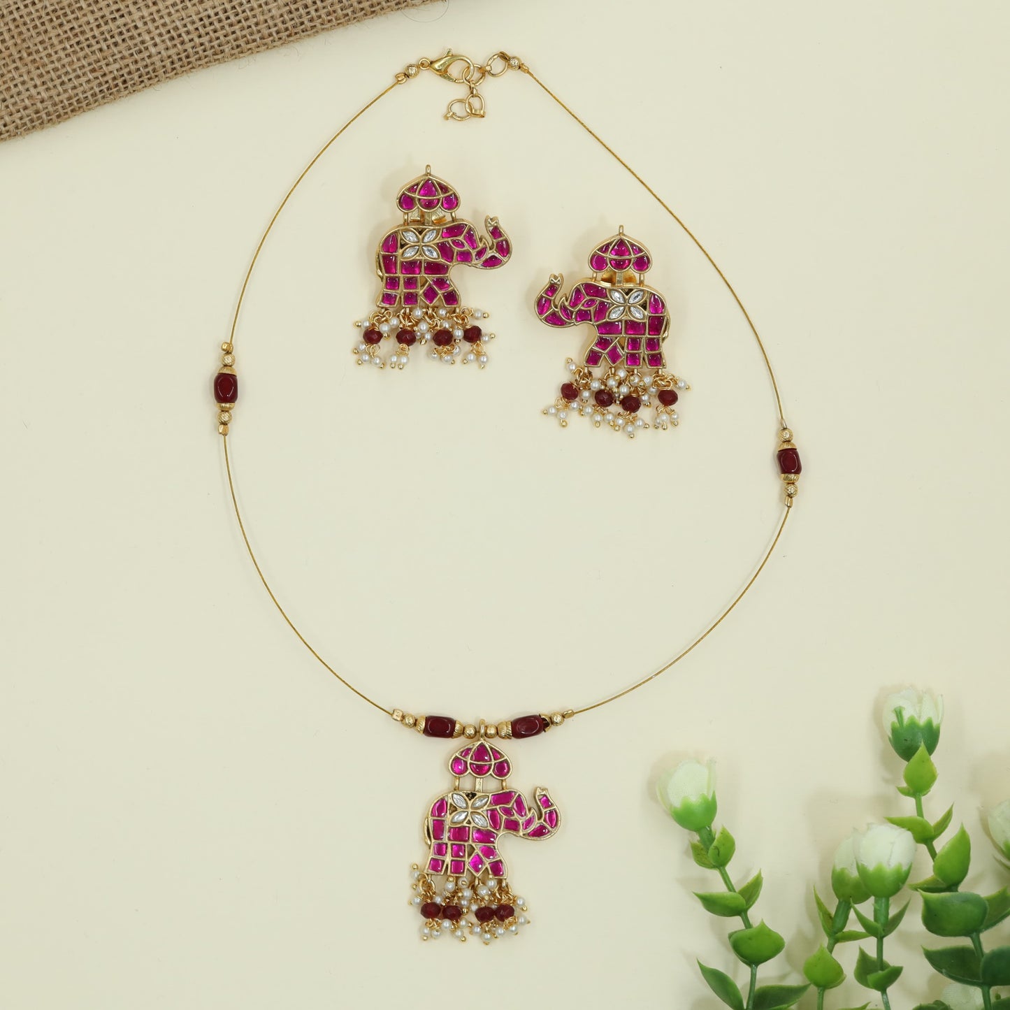 Grand Elephant Pendant Design Jadau Necklace With Hanging Bead Accents