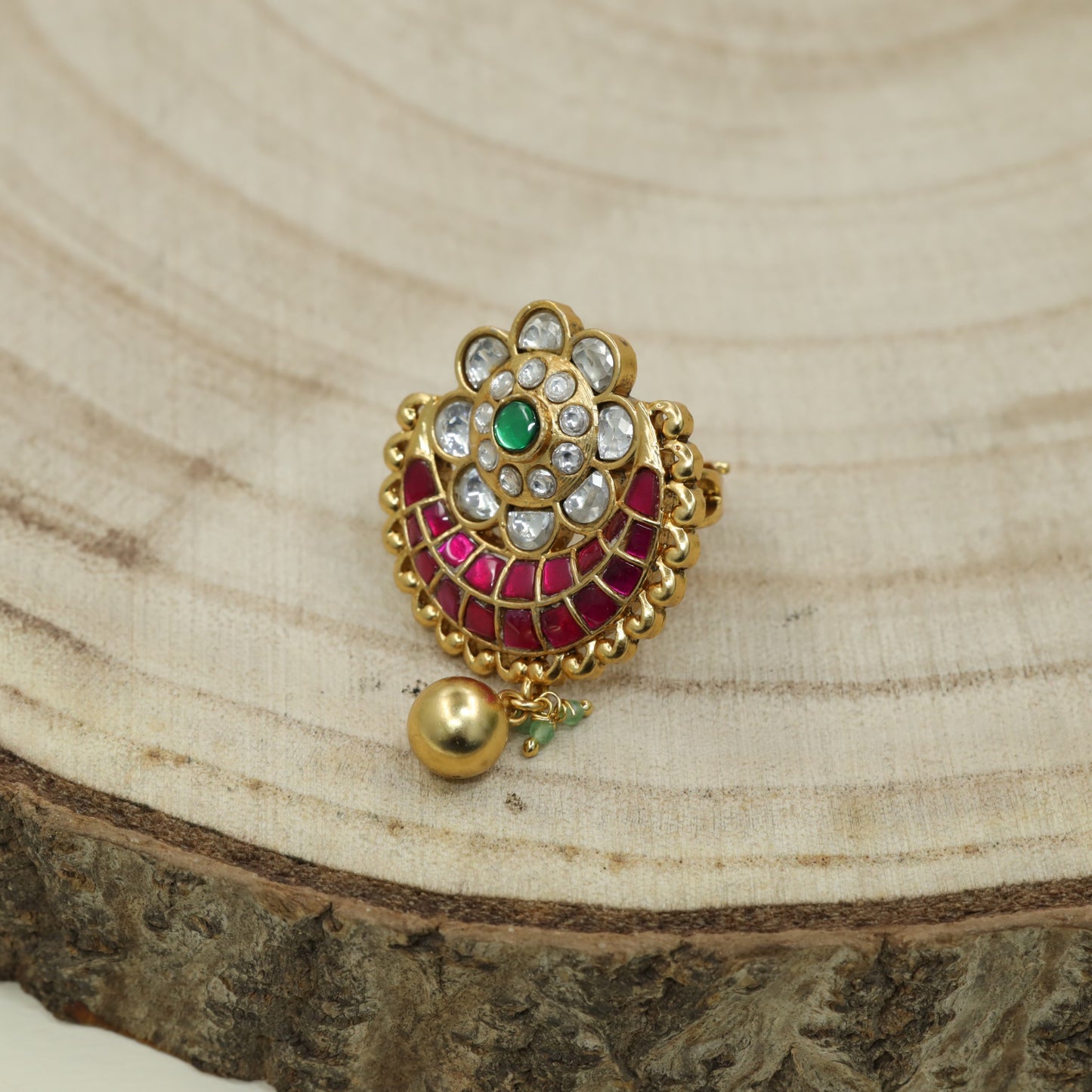 Bridal Flower Centre Jadau Finger Ring With Curved Panel Design