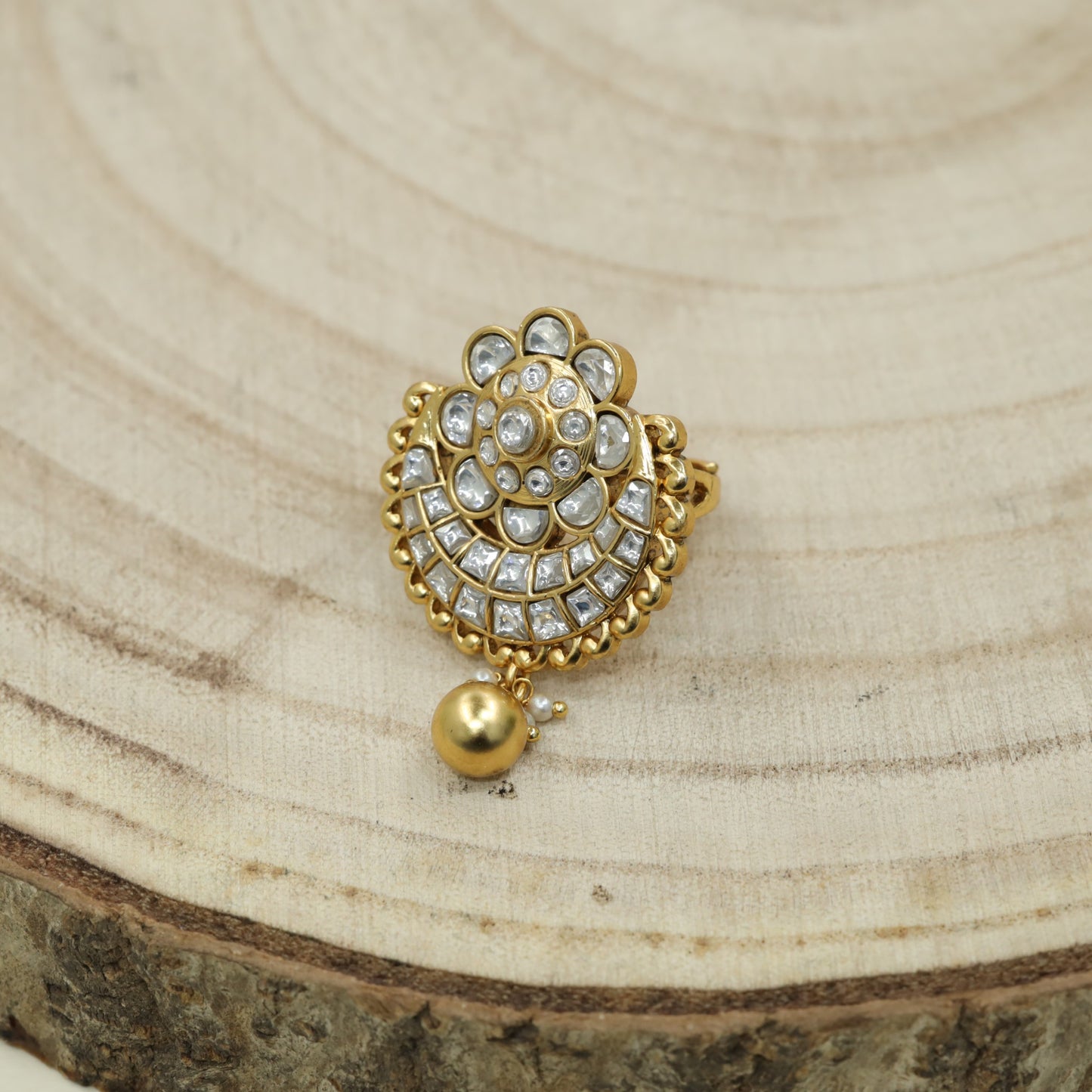 Bridal Flower Centre Jadau Finger Ring With Curved Panel Design