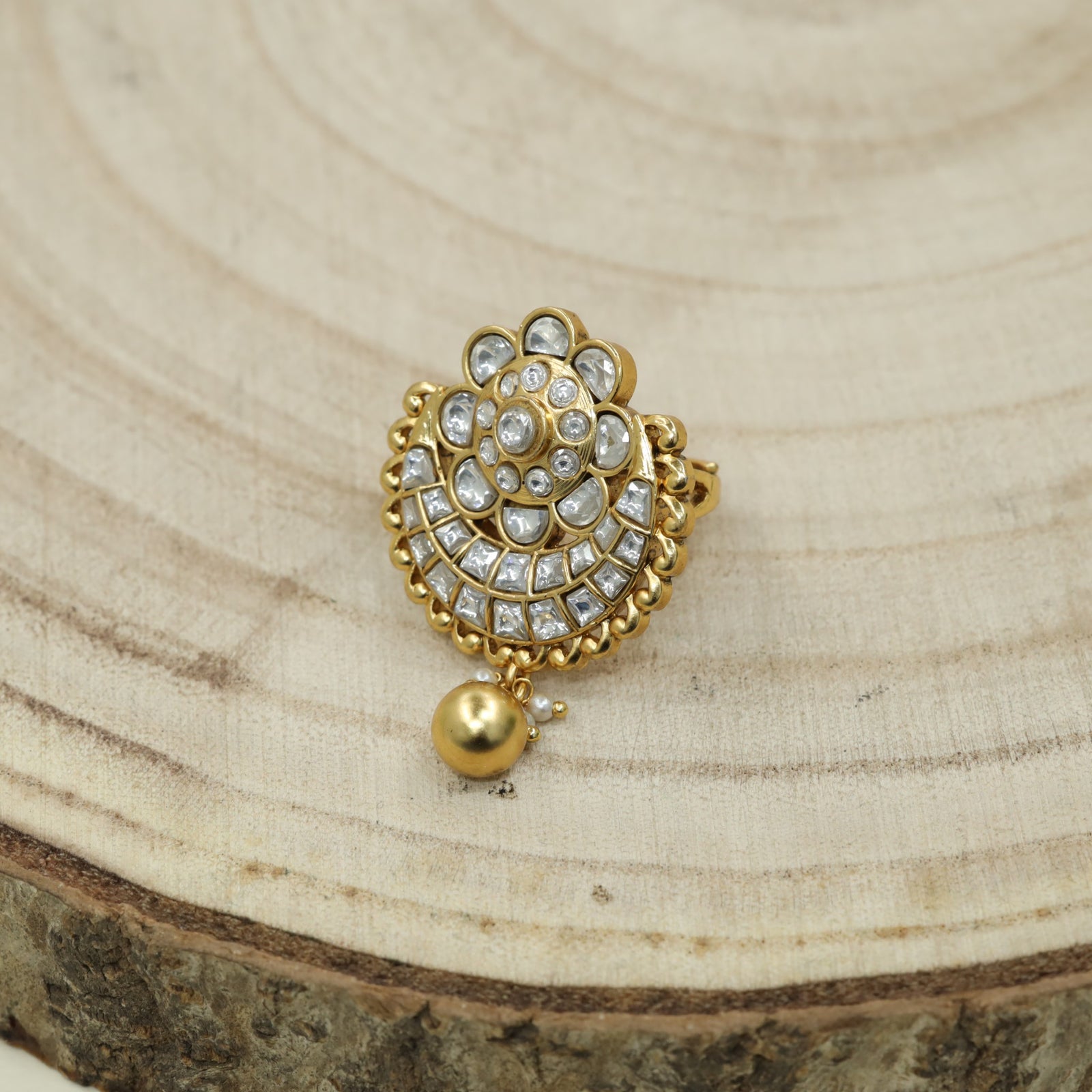 Bridal Flower Centre Jadau Finger Ring With Curved Panel Design