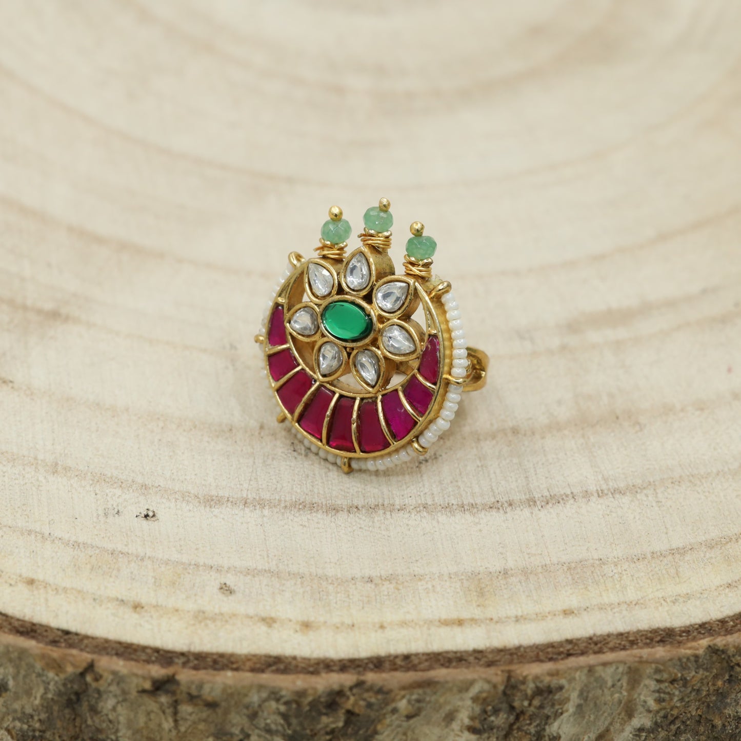 Traditional Pearl Border Jadau Finger Ring With Circular Frame
