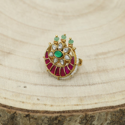 Traditional Pearl Border Jadau Finger Ring With Circular Frame