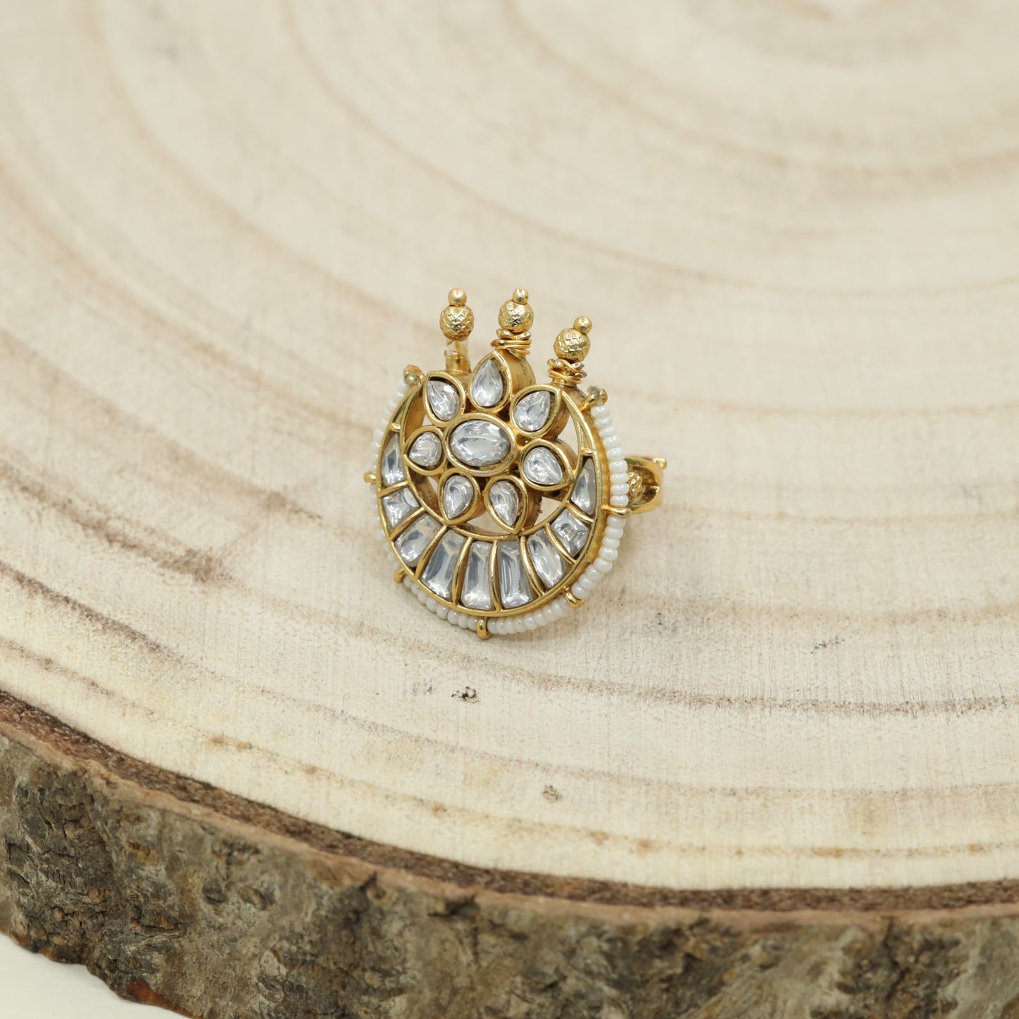 Traditional Pearl Border Jadau Finger Ring With Circular Frame
