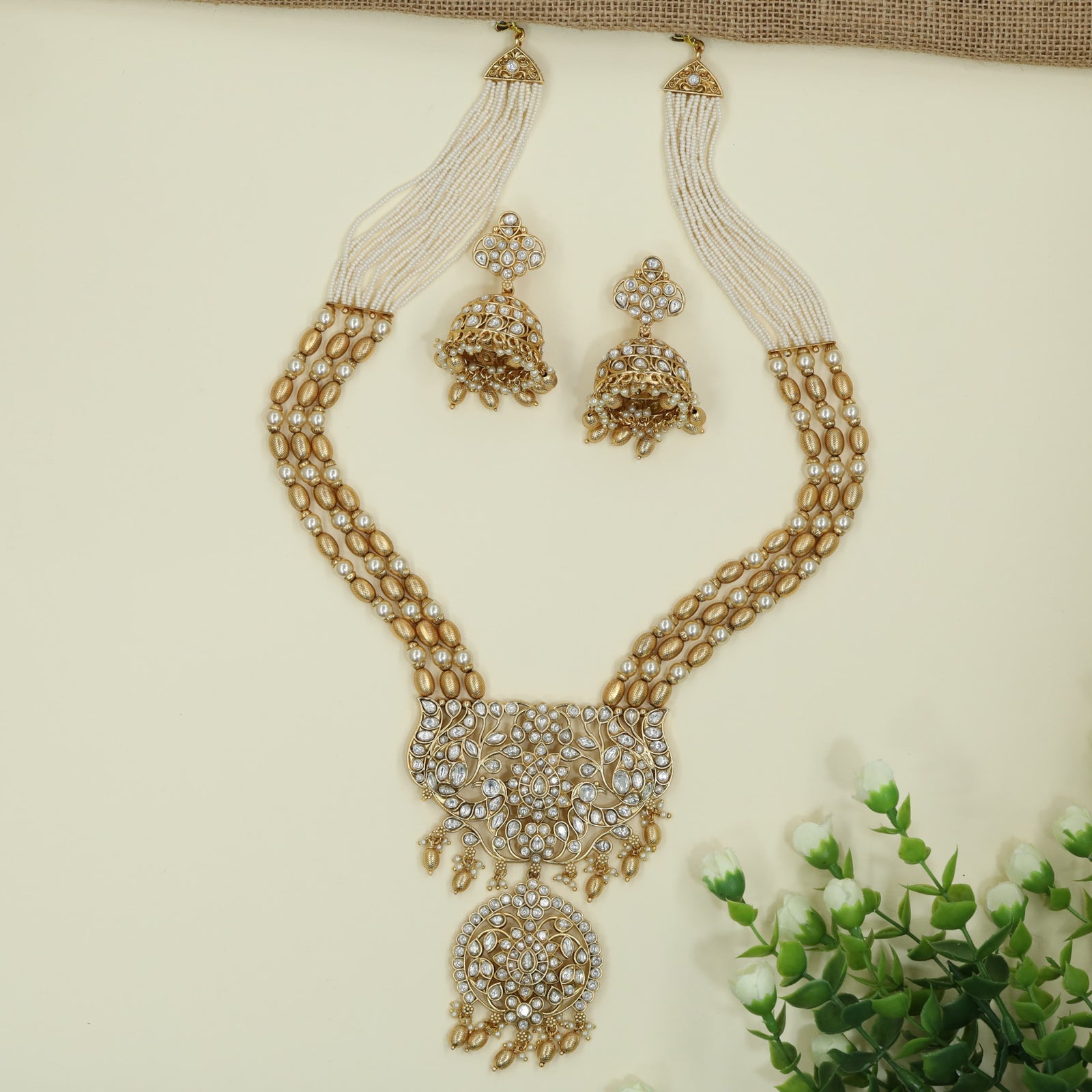 Heritage Multi Strand Pearl Bead Kundan Long Haara With Floral Pendant