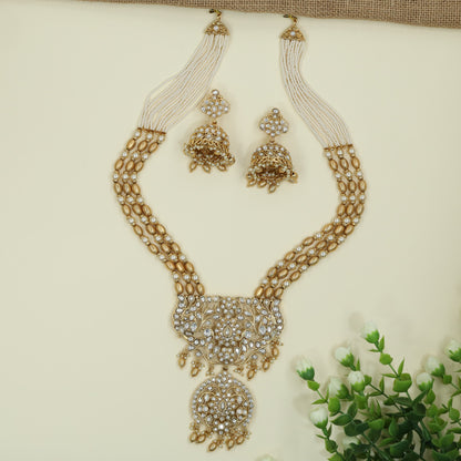 Heritage Multi Strand Pearl Bead Kundan Long Haara With Floral Pendant