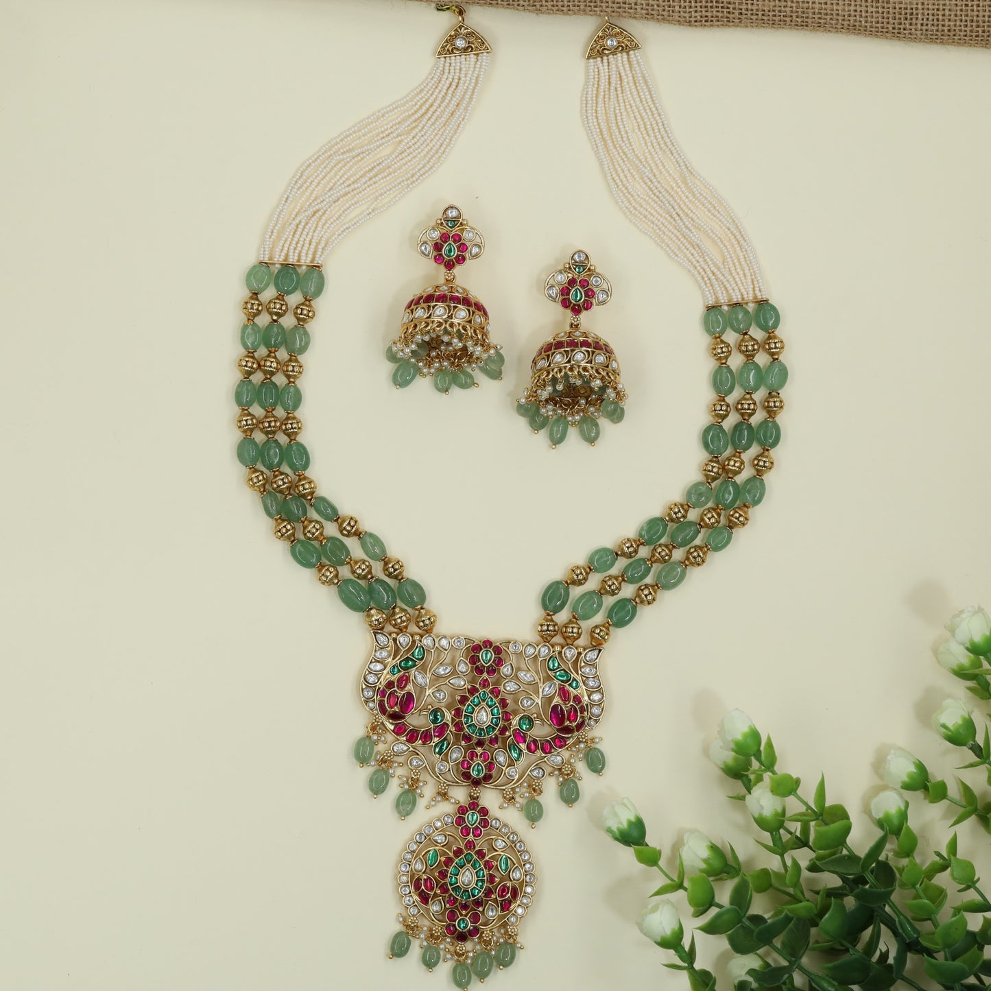 Heritage Multi Strand Pearl Bead Kundan Long Haara With Floral Pendant