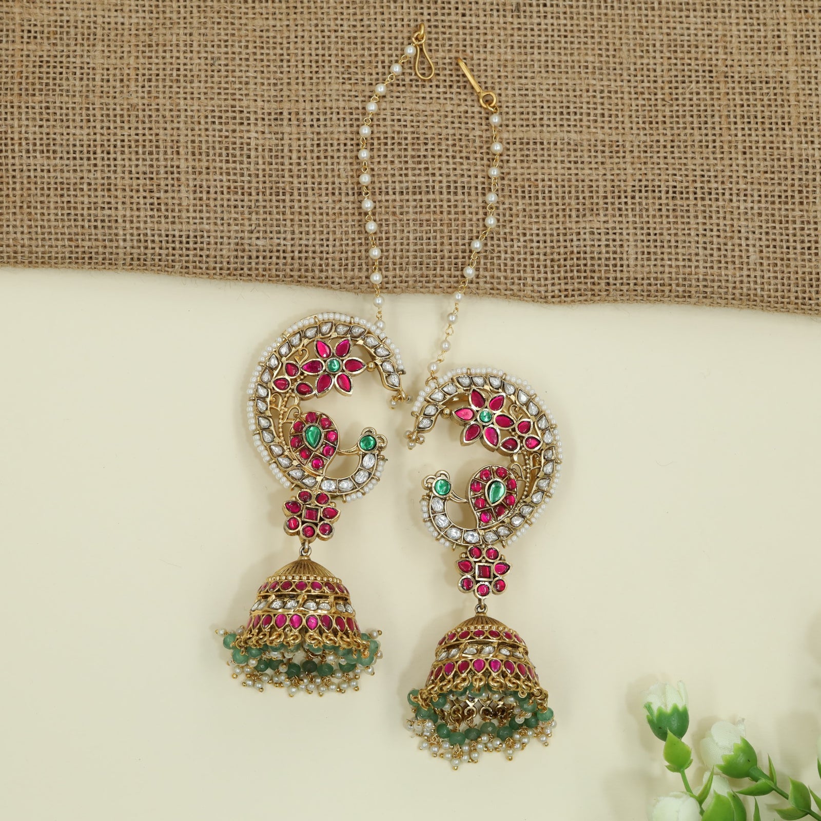 Classic Peacock Scrollwork Jadau Cuff Jumka With Dome Drops