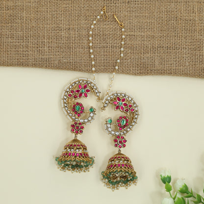 Classic Peacock Scrollwork Jadau Cuff Jumka With Dome Drops