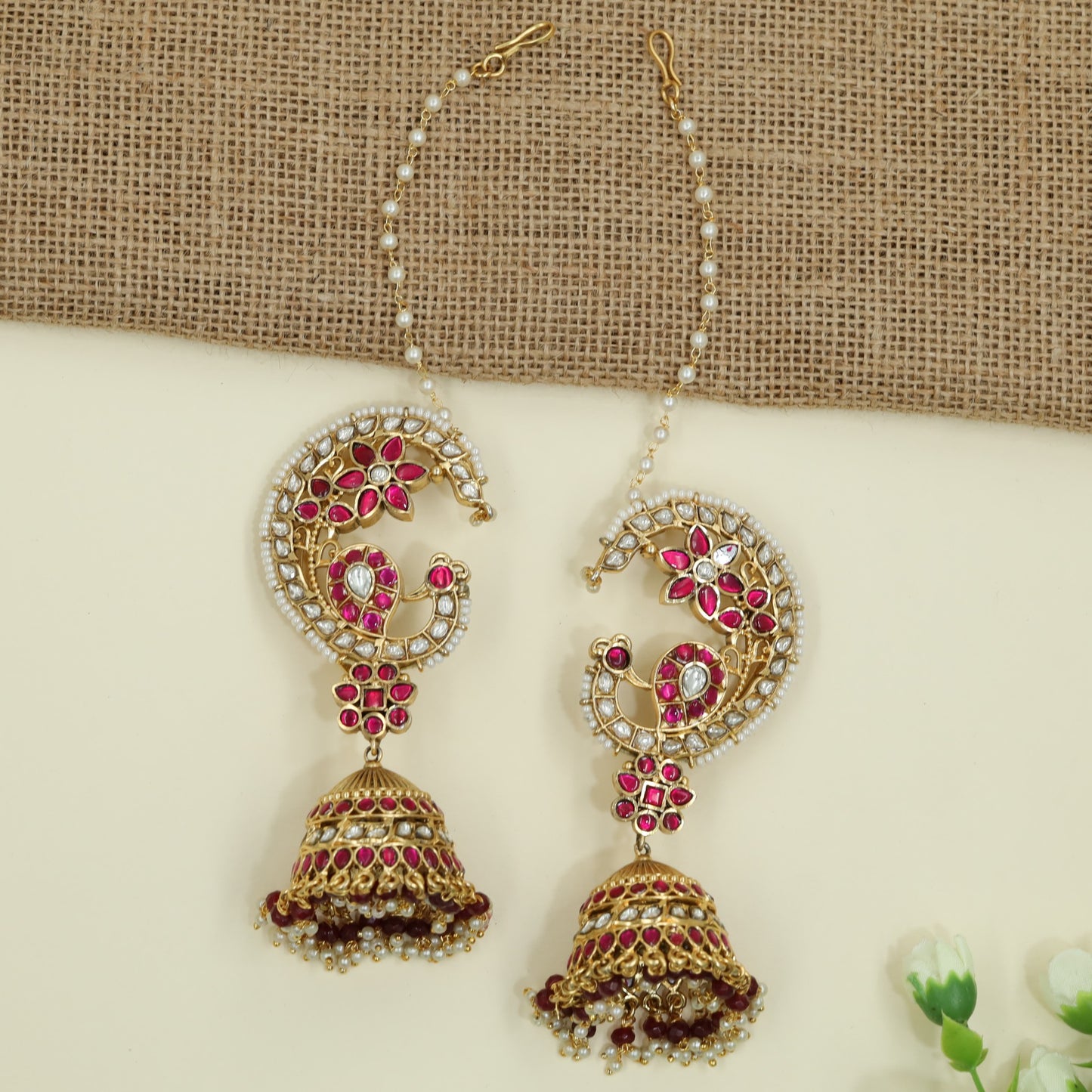 Classic Peacock Scrollwork Jadau Cuff Jumka With Dome Drops