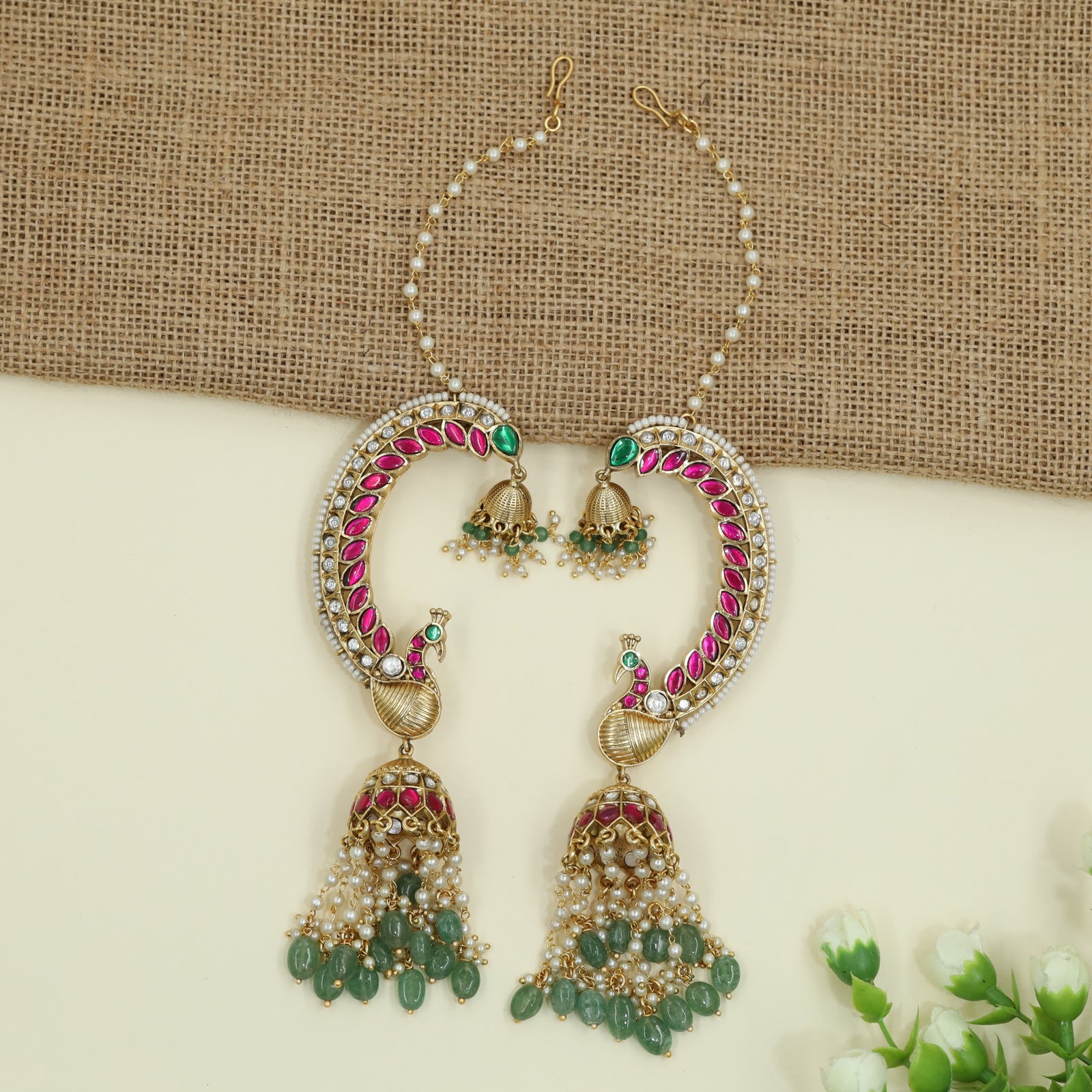 Grand Peacock Inspired Jadau Cuff Jumka With Cascading Bead Drops