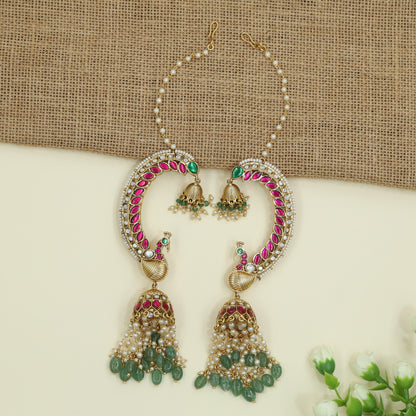 Grand Peacock Inspired Jadau Cuff Jumka With Cascading Bead Drops
