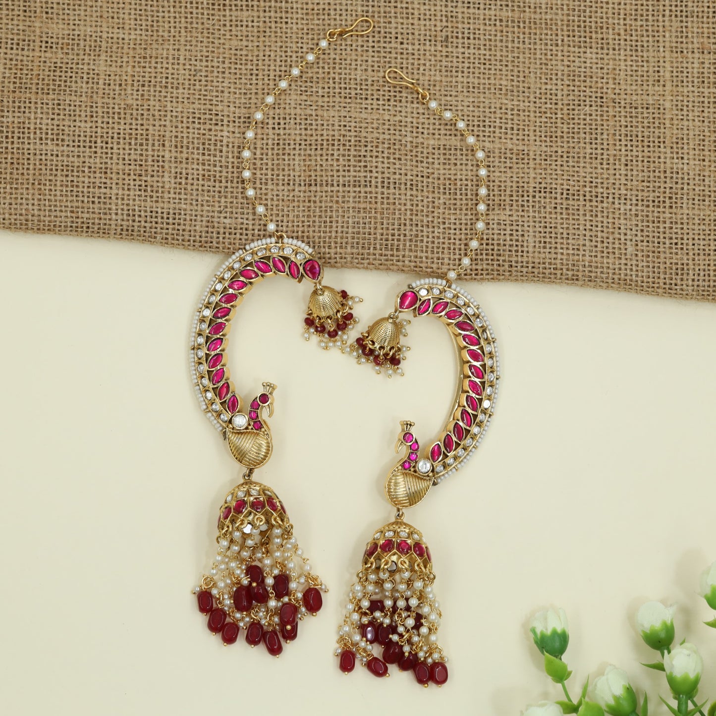 Grand Peacock Inspired Jadau Cuff Jumka With Cascading Bead Drops