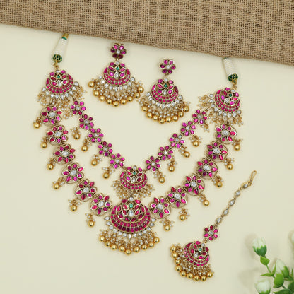Signature Flower Arrangement Jadau Necklace With Matching Earrings And Tikka
