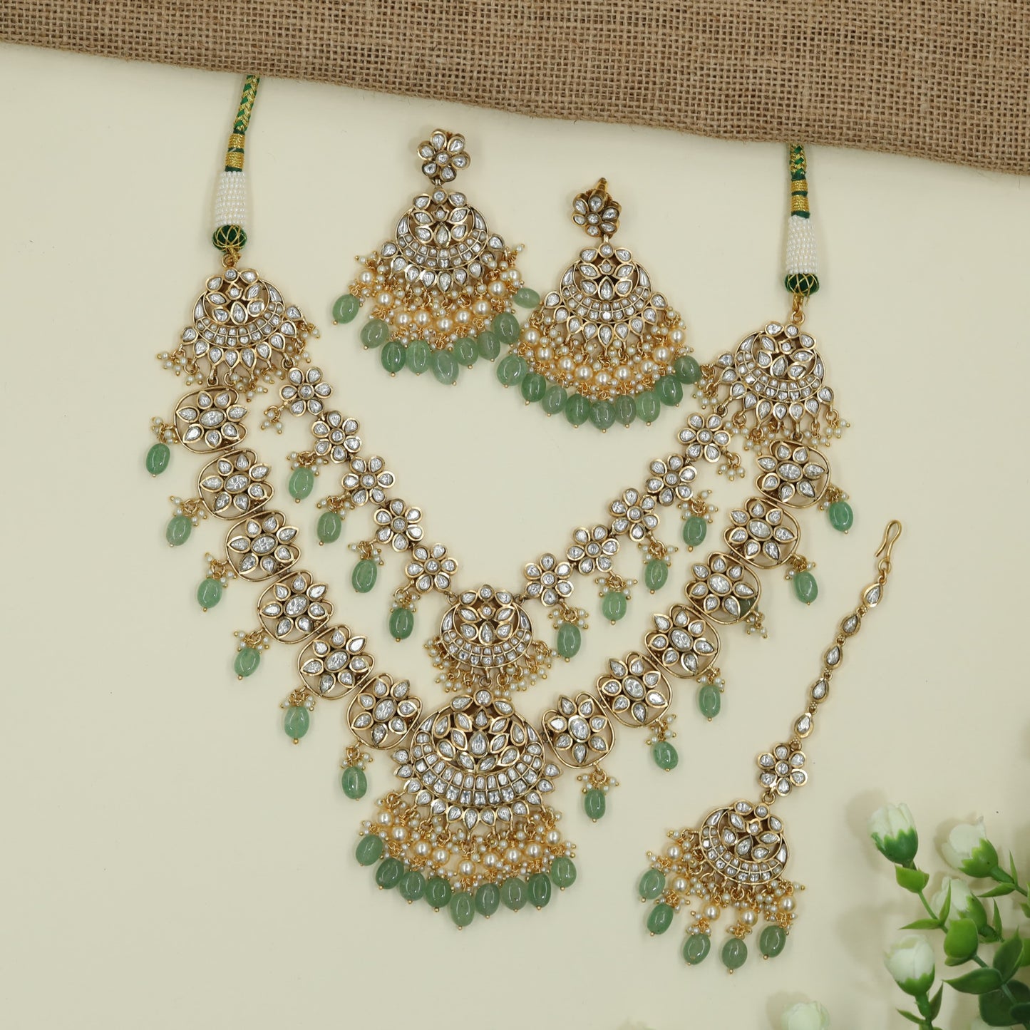 Signature Flower Arrangement Jadau Necklace With Matching Earrings And Tikka