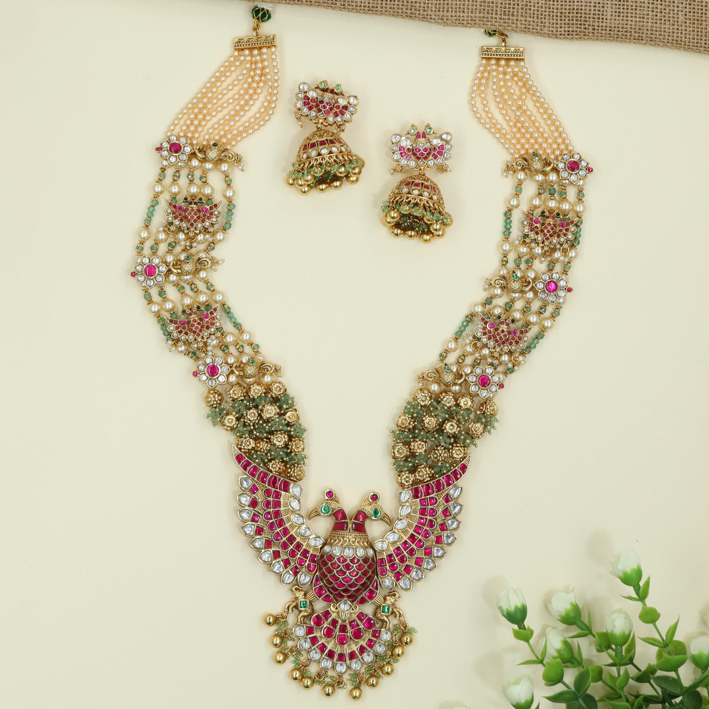 Premium Floral Beadwork And Ganda Berunda Jadau Beads Long Haara