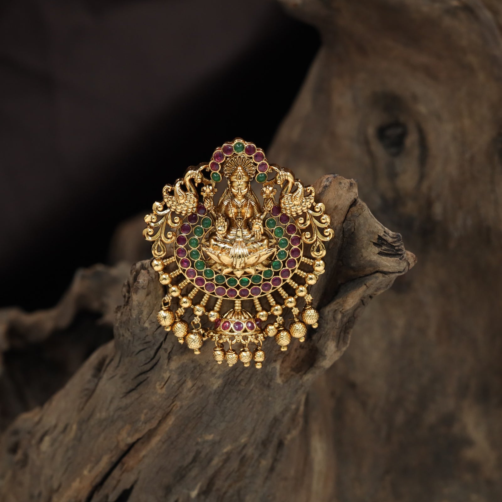Opulent Circular Lakshmi Design With Hanging Drops Antique Jade Bille