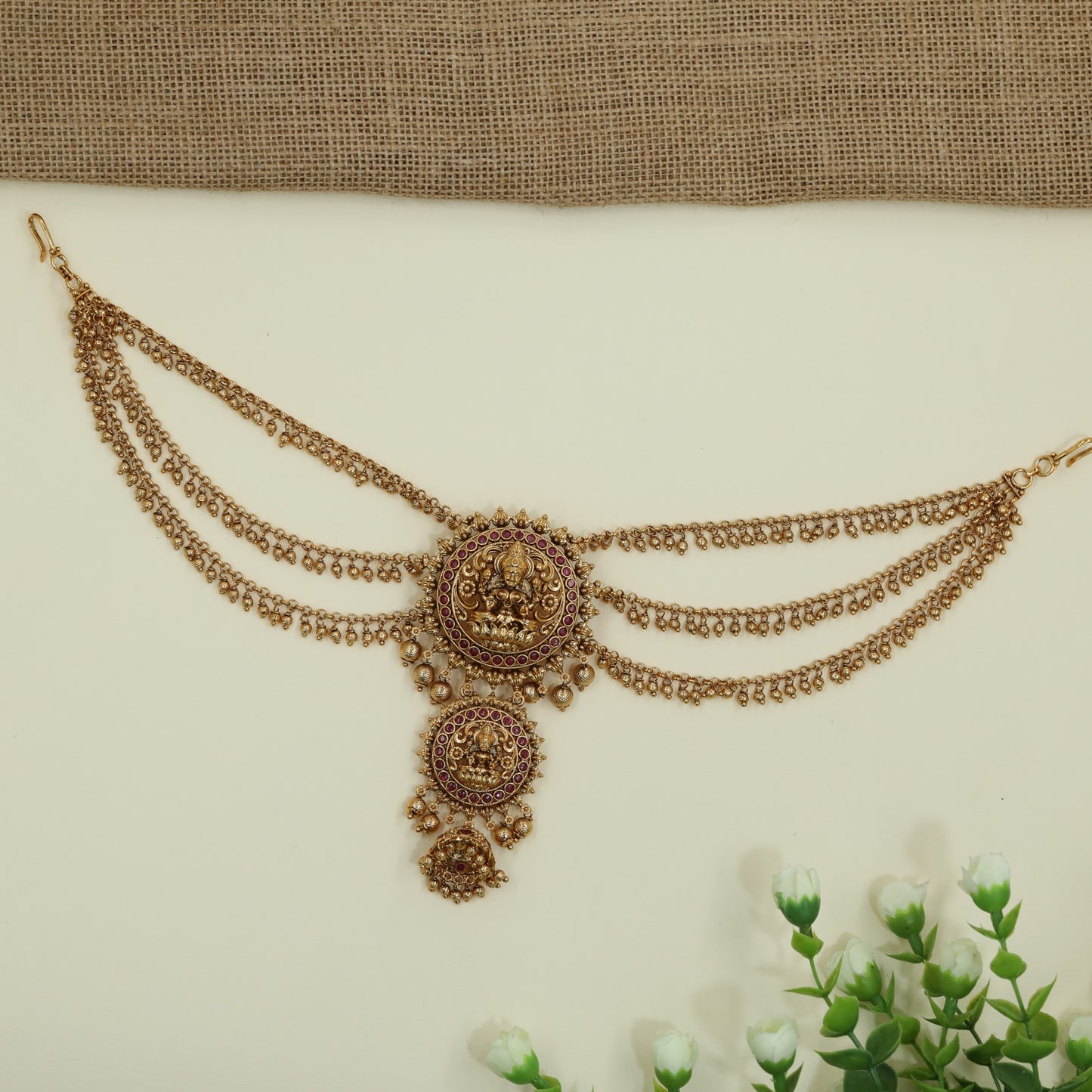 Festive Circular Lakshmi Frame With Decorative Chains Antique JB+Mati