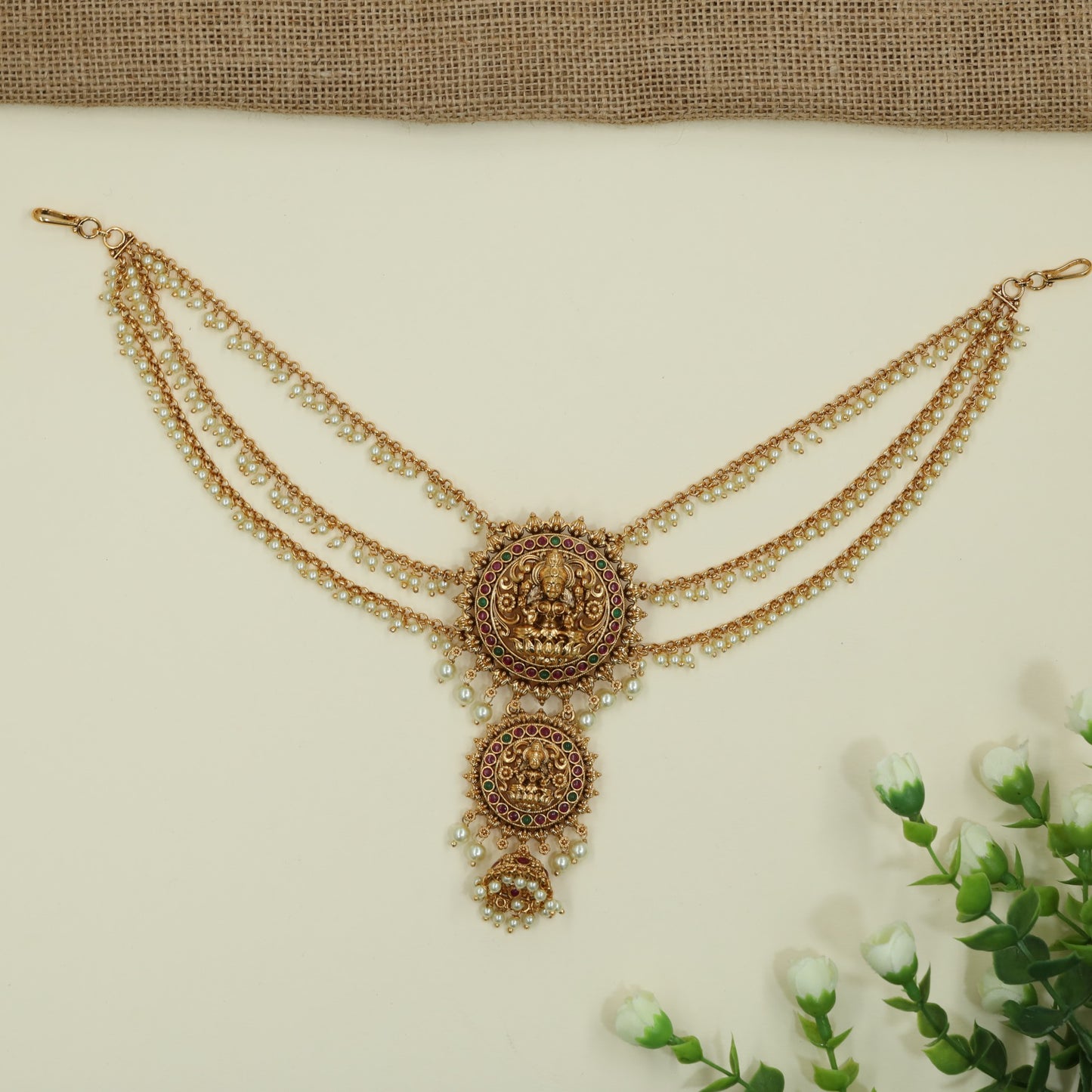 Festive Circular Lakshmi Frame With Decorative Chains Antique JB+Mati