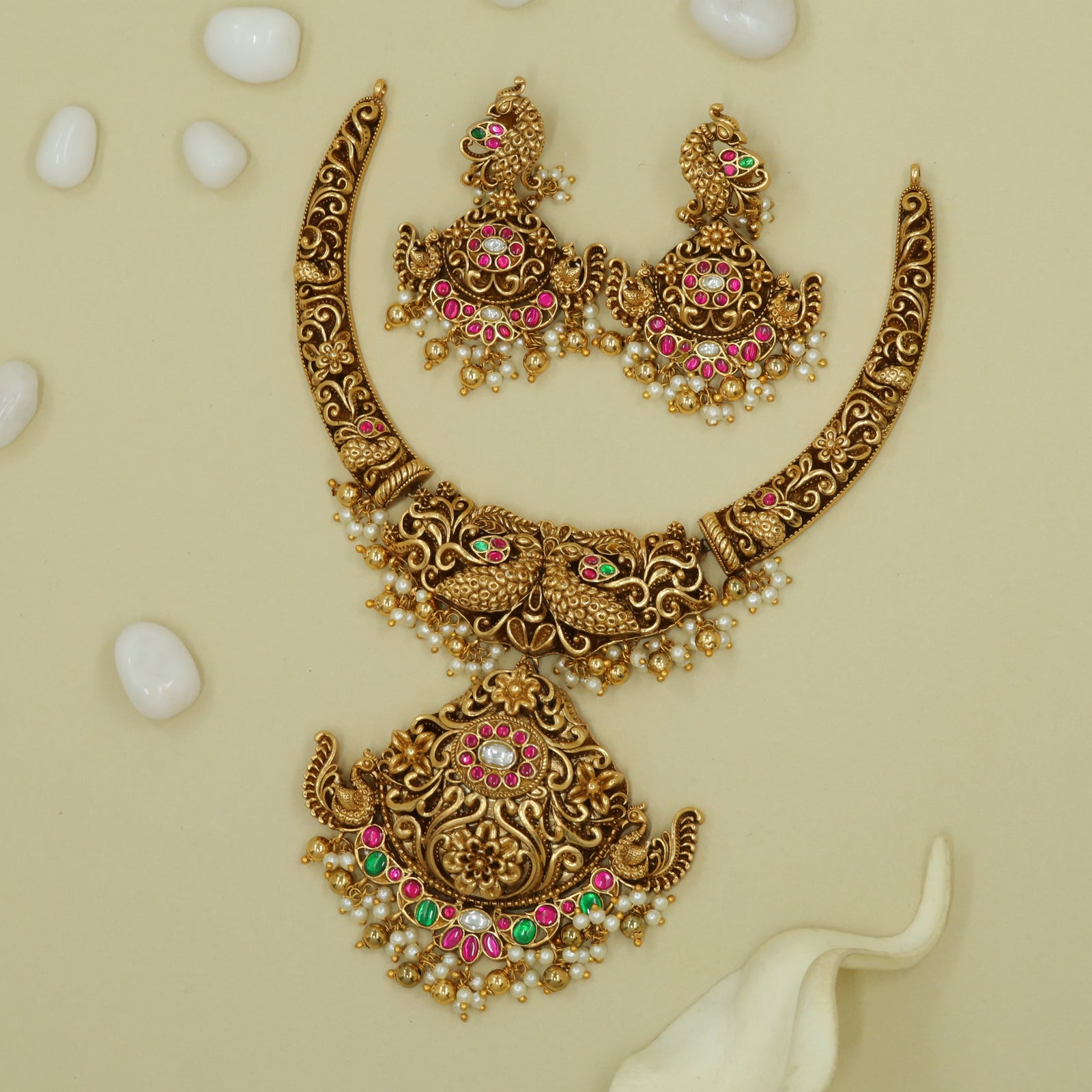 Gridvine Antique Necklace with Peacock Border Surface Work