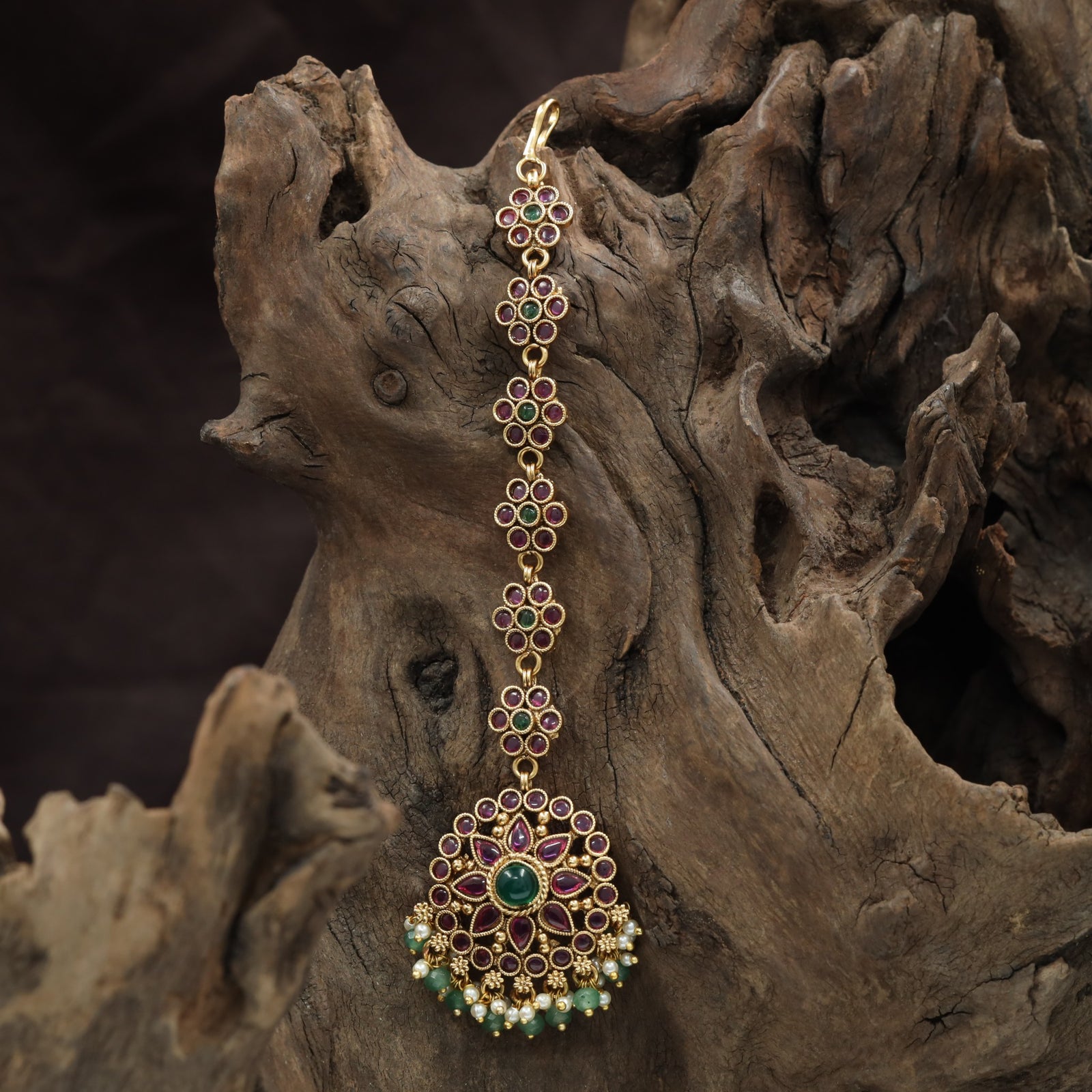 Long Floral Chain Tikka With Ornamental Border Pendant