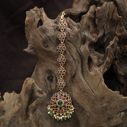Long Floral Chain Tikka With Ornamental Border Pendant