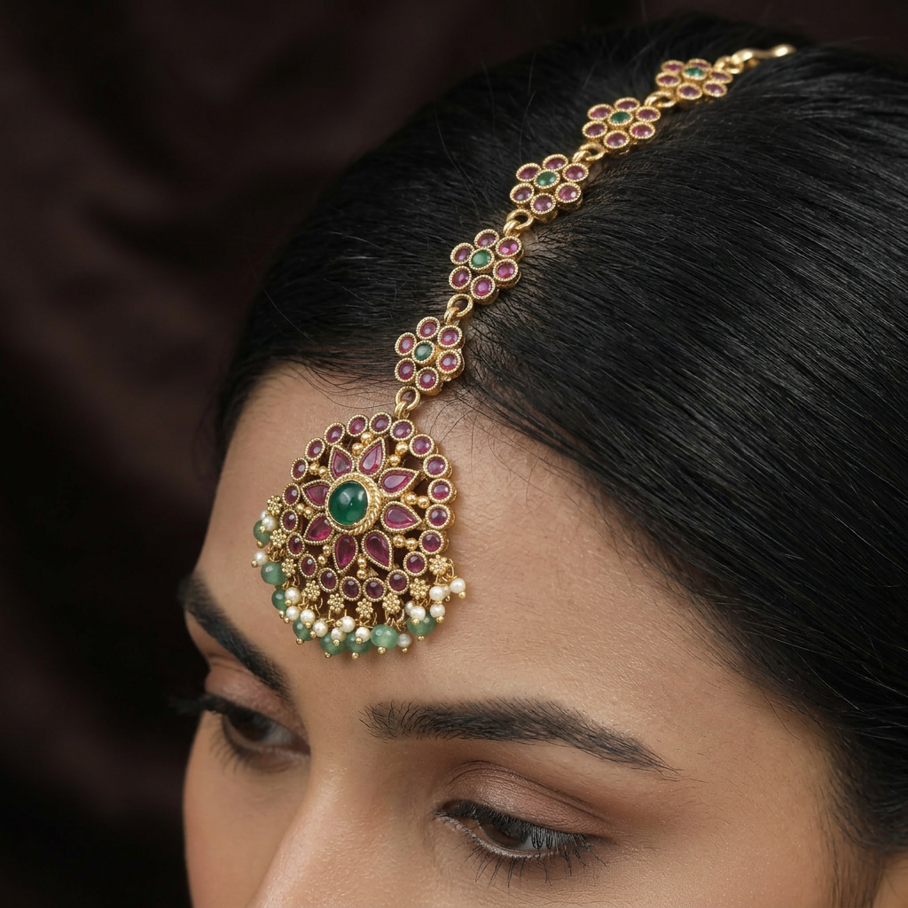 Long Floral Chain Tikka With Ornamental Border Pendant
