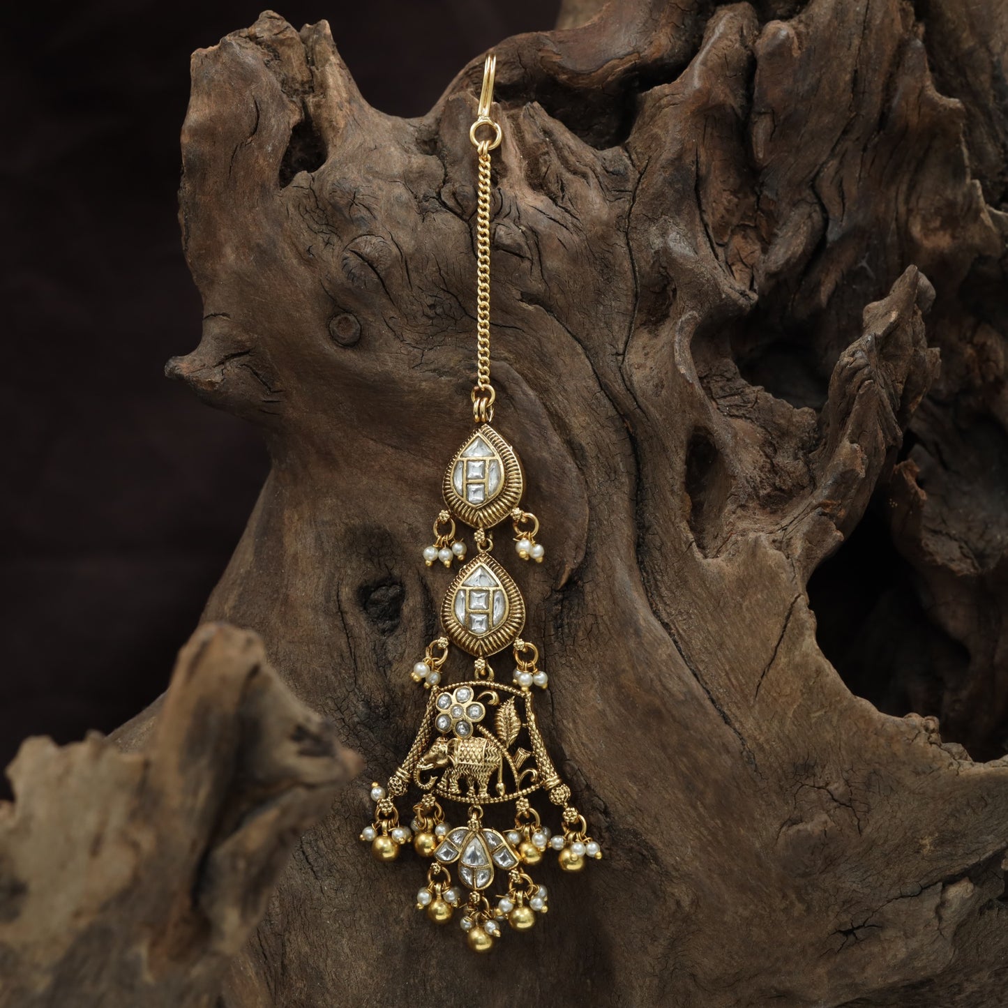 Decorative Elephant Design Tikka With Hanging Bead Fringe