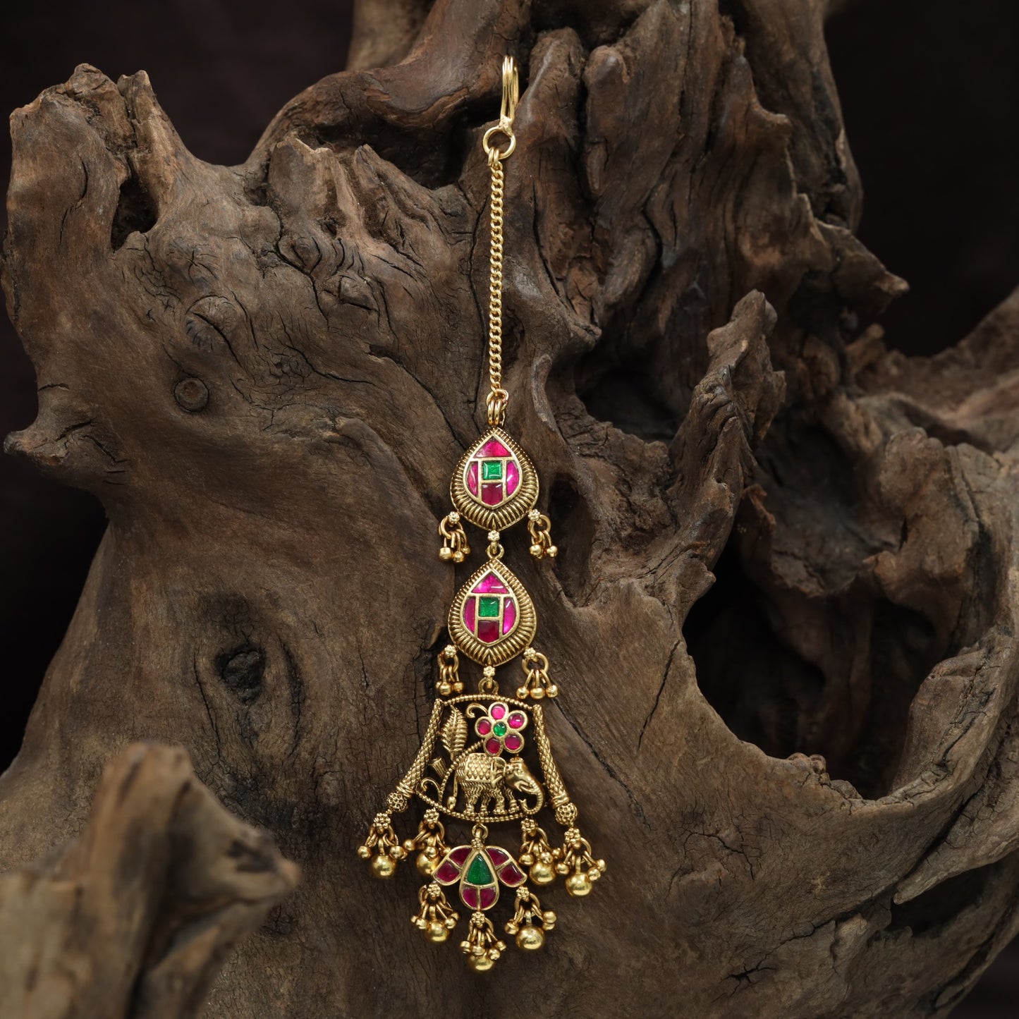 Decorative Elephant Design Tikka With Hanging Bead Fringe