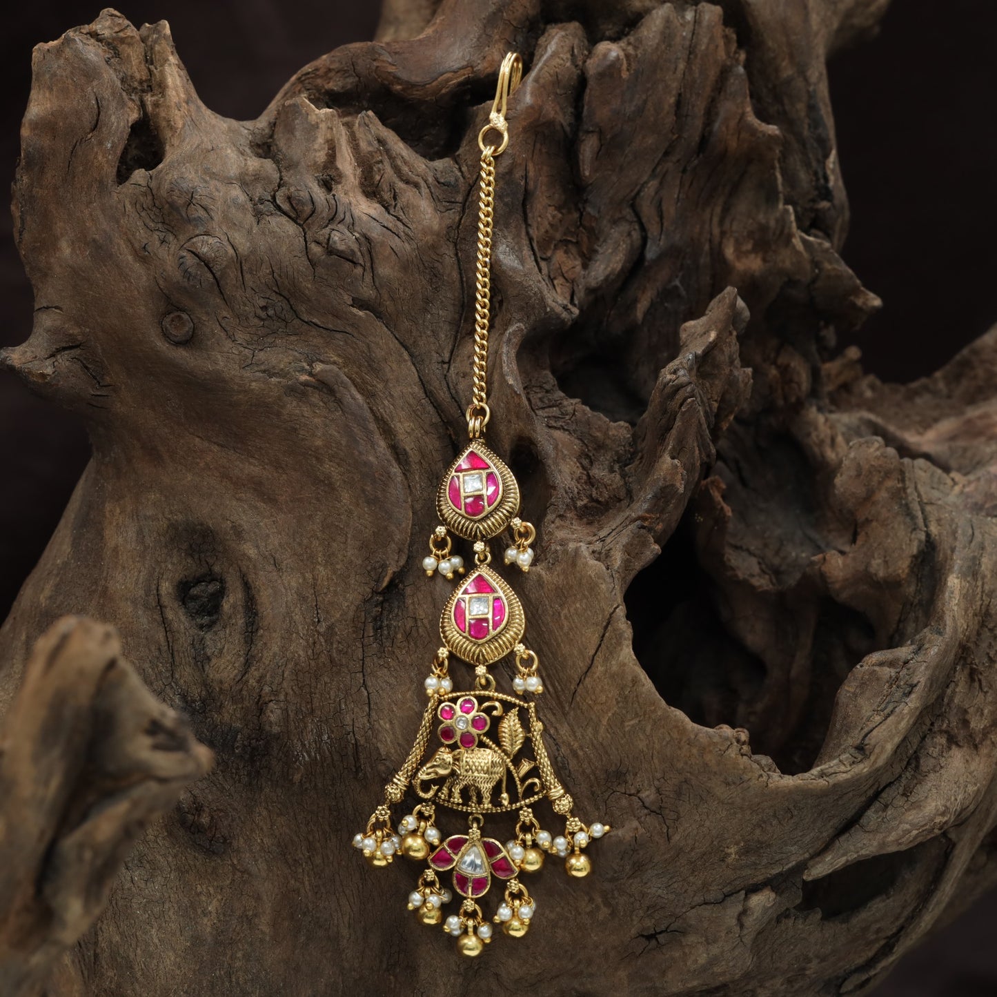 Decorative Elephant Design Tikka With Hanging Bead Fringe