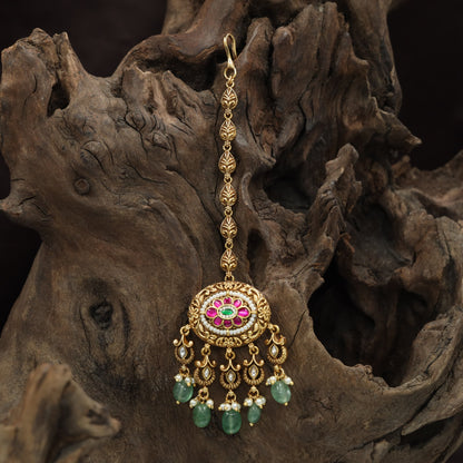 Classic Floral Border Antique Tikka With Hanging Drop Styling