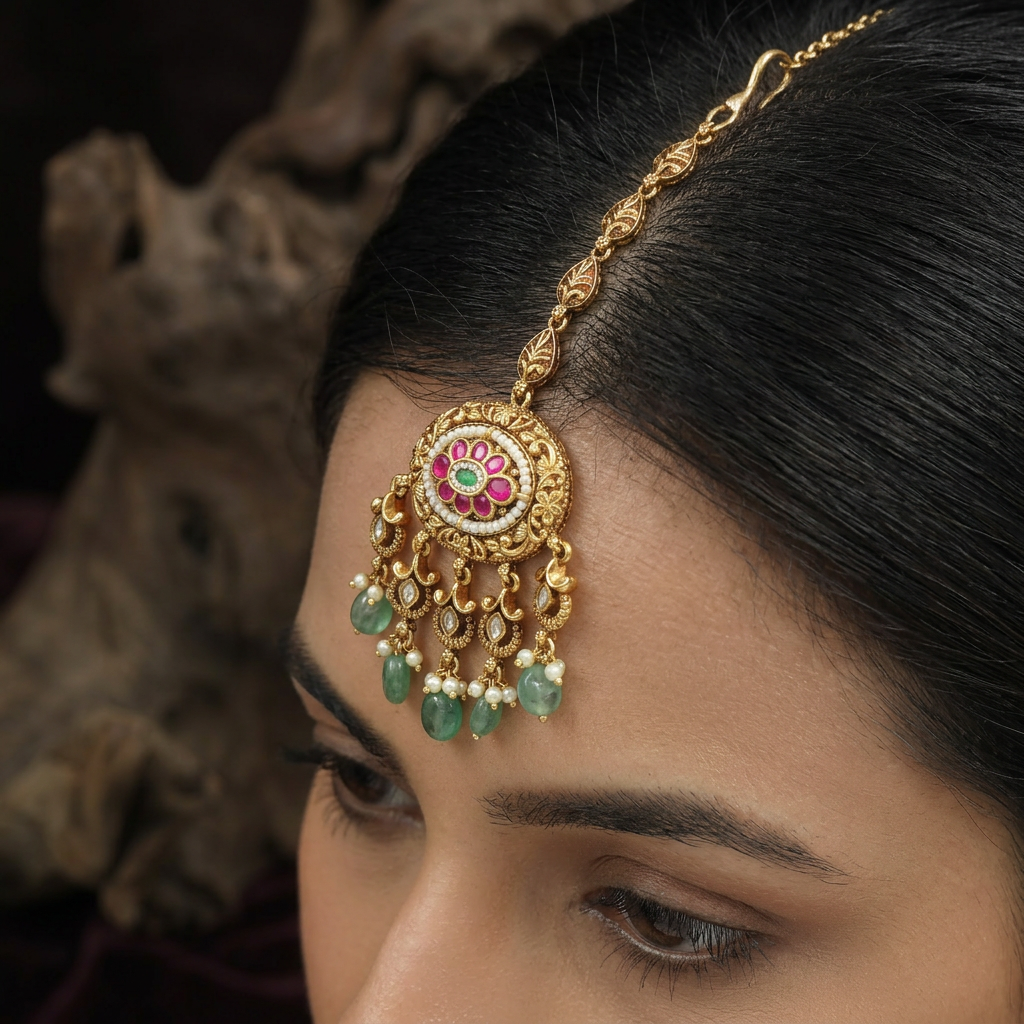 Classic Floral Border Antique Tikka With Hanging Drop Styling