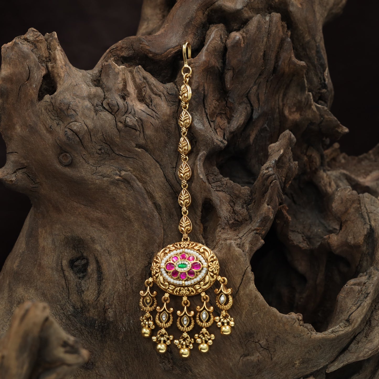 Classic Floral Border Antique Tikka With Hanging Drop Styling