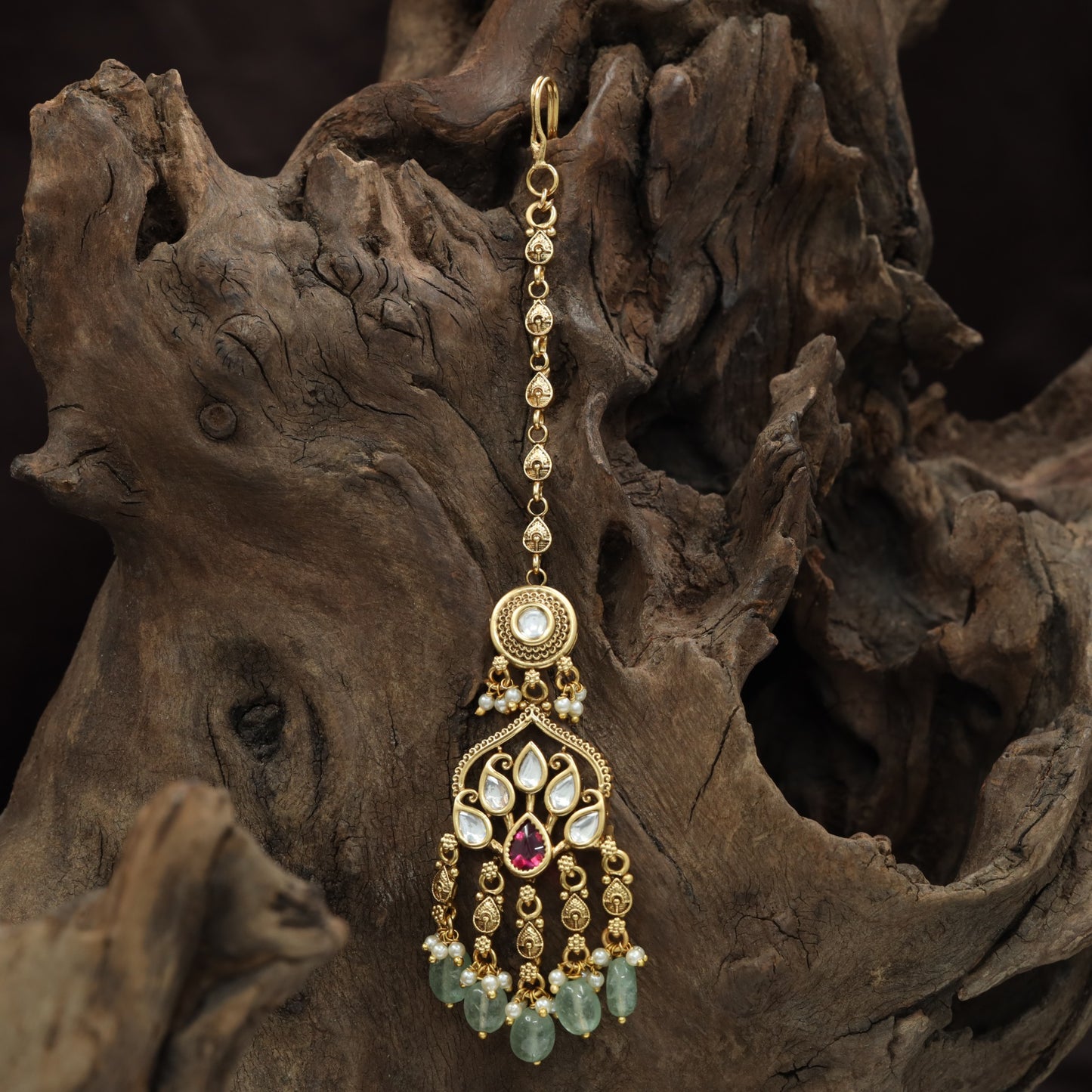 Antique Pear Border Tikka With Hanging Fringe Styling