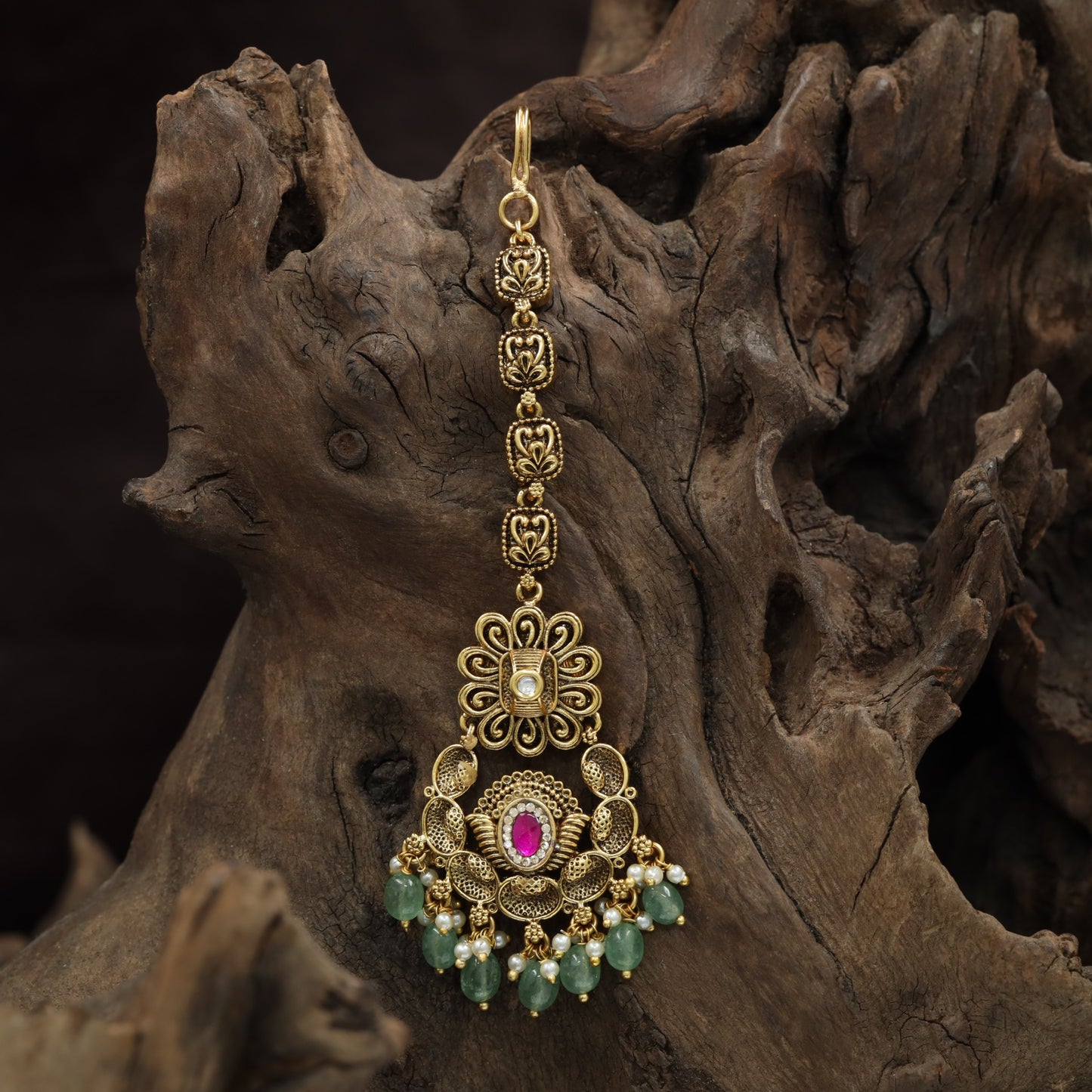 Antique Long Heart Link Tikka With Ornamental Pendant Design
