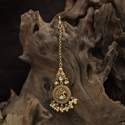 Detailed Peacock Border Antique Tikka With Drop Pendant Work