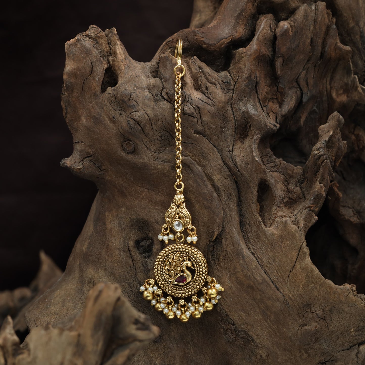 Detailed Peacock Border Antique Tikka With Drop Pendant Work