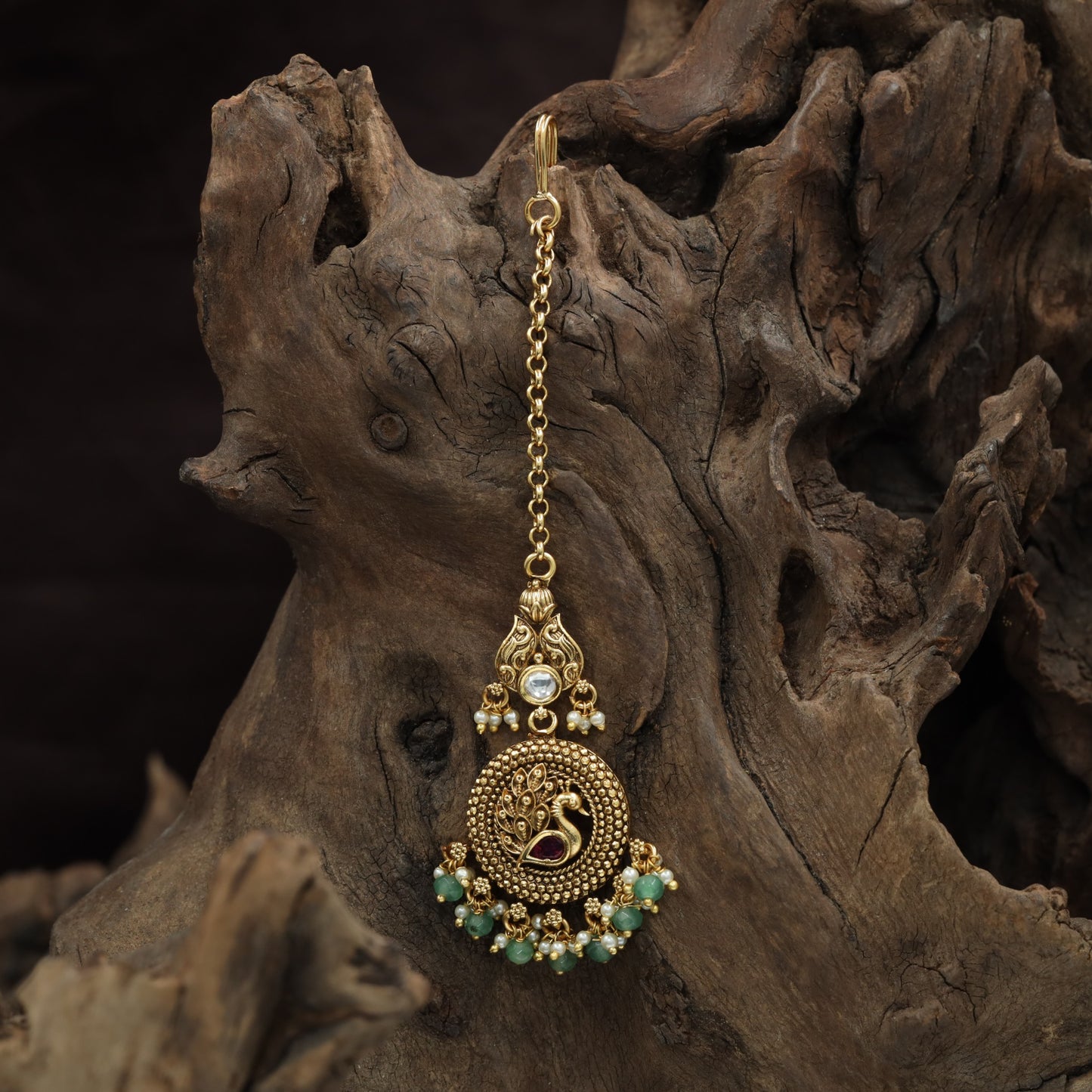 Detailed Peacock Border Antique Tikka With Drop Pendant Work