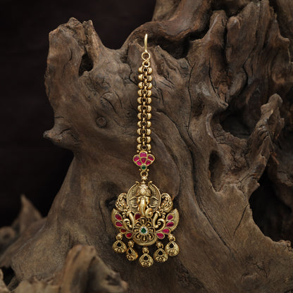 Temple Style Ganesha Antique Tikka With Hanging Drop Accents