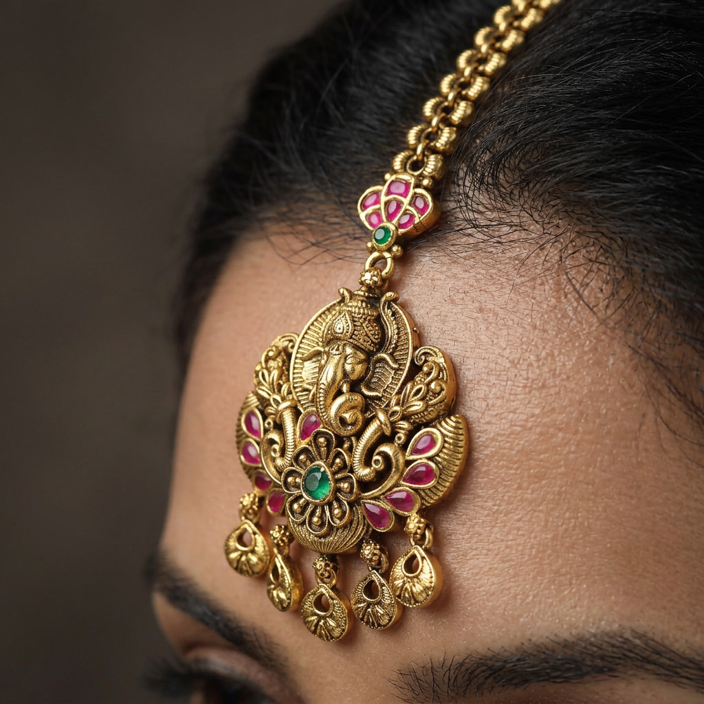 Temple Style Ganesha Antique Tikka With Hanging Drop Accents