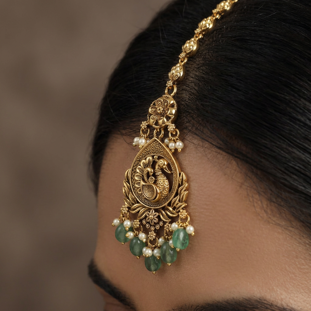 Designer Peacock Border Antique Tikka With Decorative Fringe