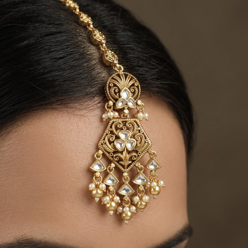 Designer Long Chain Kundan Tikka With Ornamental Pendant Detail