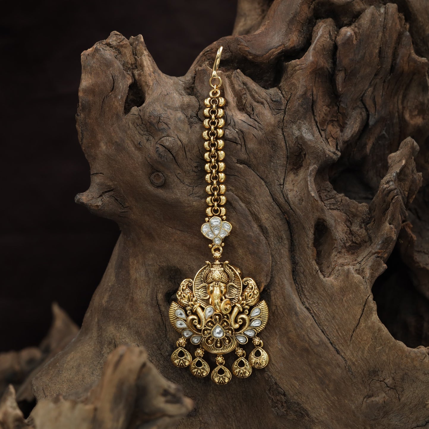 Premium Ganesha Antique Tikka With Ornamental Pendant Styling