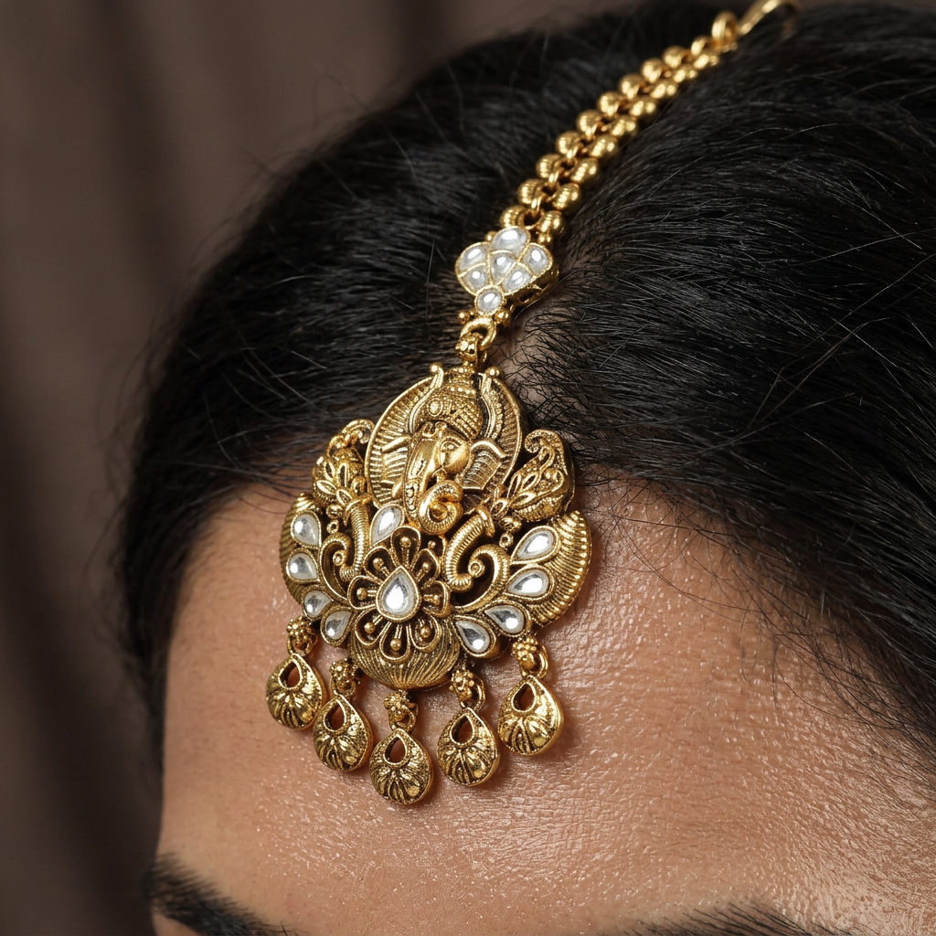 Premium Ganesha Antique Tikka With Ornamental Pendant Styling