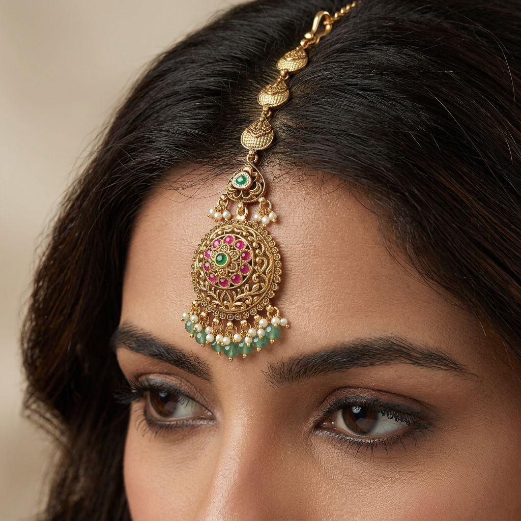Antique Disc Pendant Tikka With Decorative Hanging Fringe